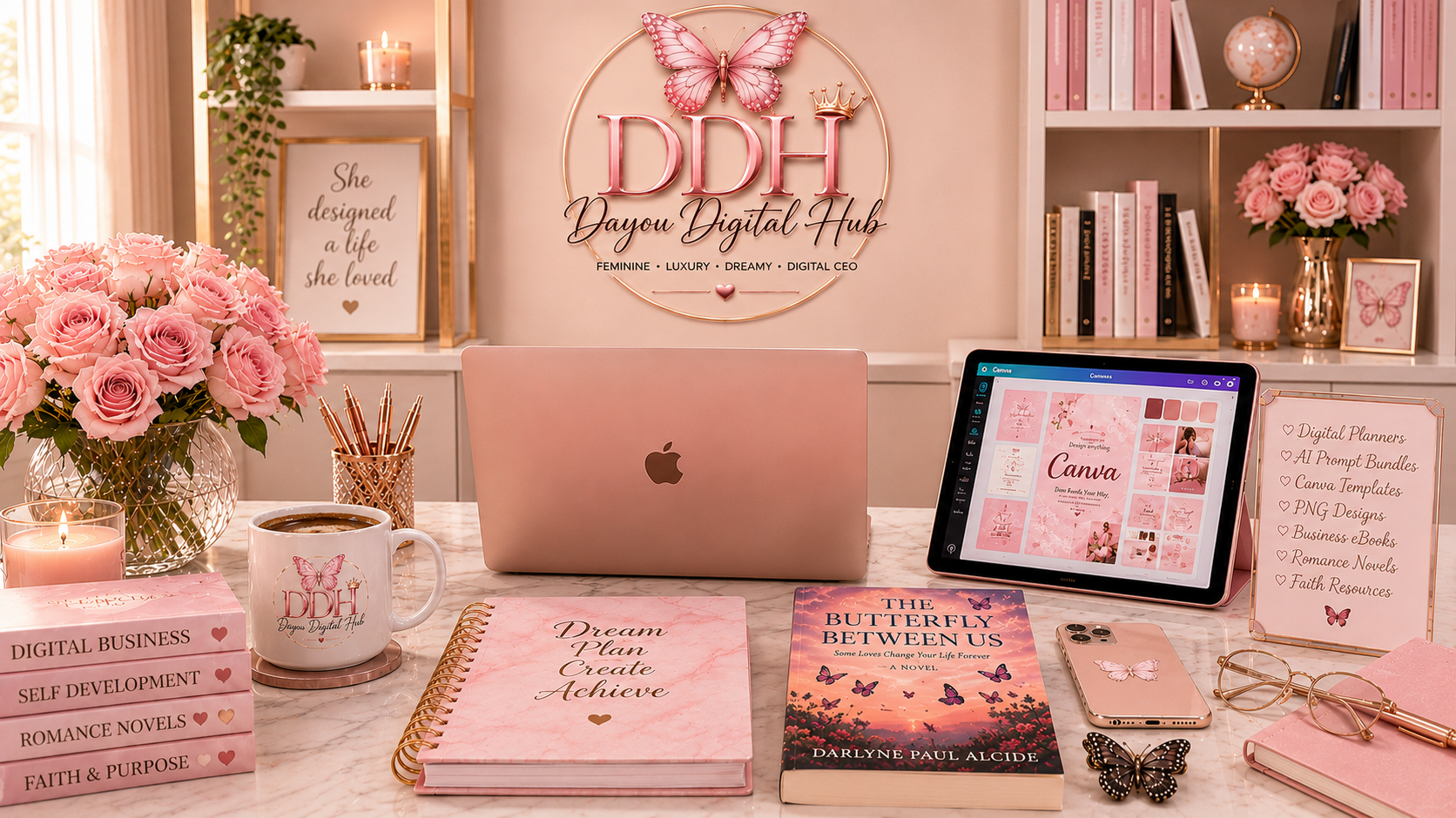 Pink workspace displaying Dayou Digital Hub books, planners, templates, and business resources.