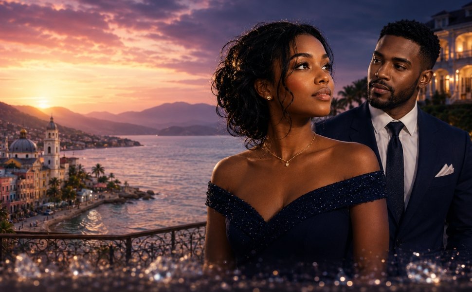 Vanessa and Stanley overlooking the sunlit Haitian coastline, with Cap-Haïtien and an illuminated mansion in the background.
