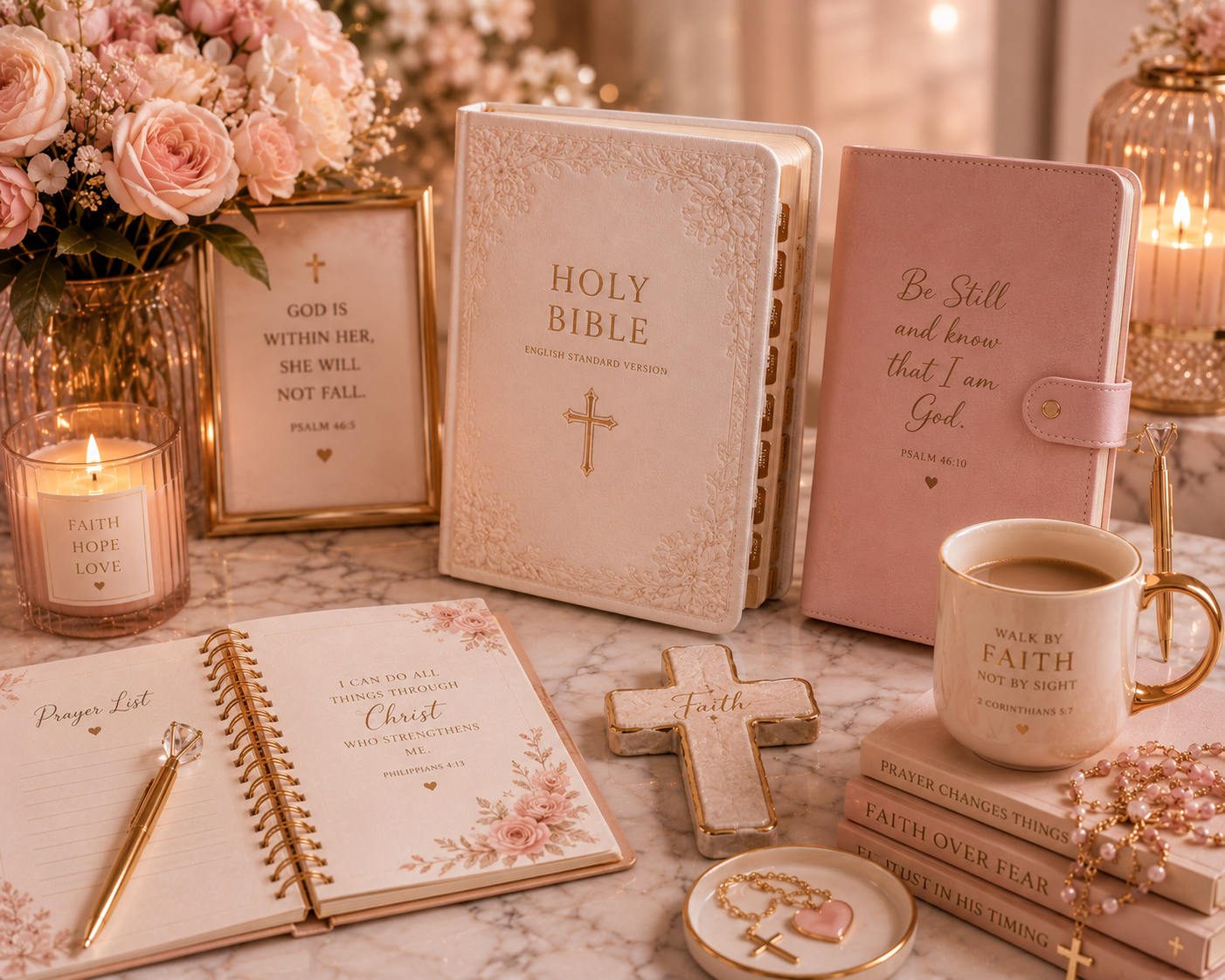 Christian devotional display with Bible, prayer books, pink flowers, candles, crosses, rosary, and coffee mug.