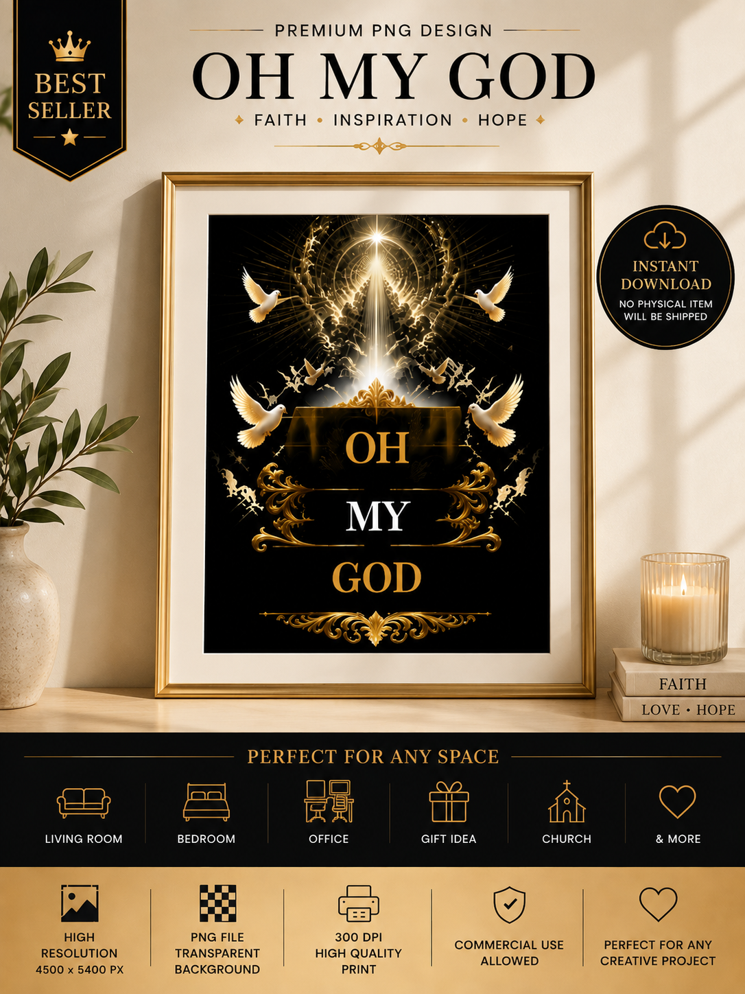 OH MY GOD Christian wall art mockup featuring gold and black faith PNG design with doves and radiant heavenly light