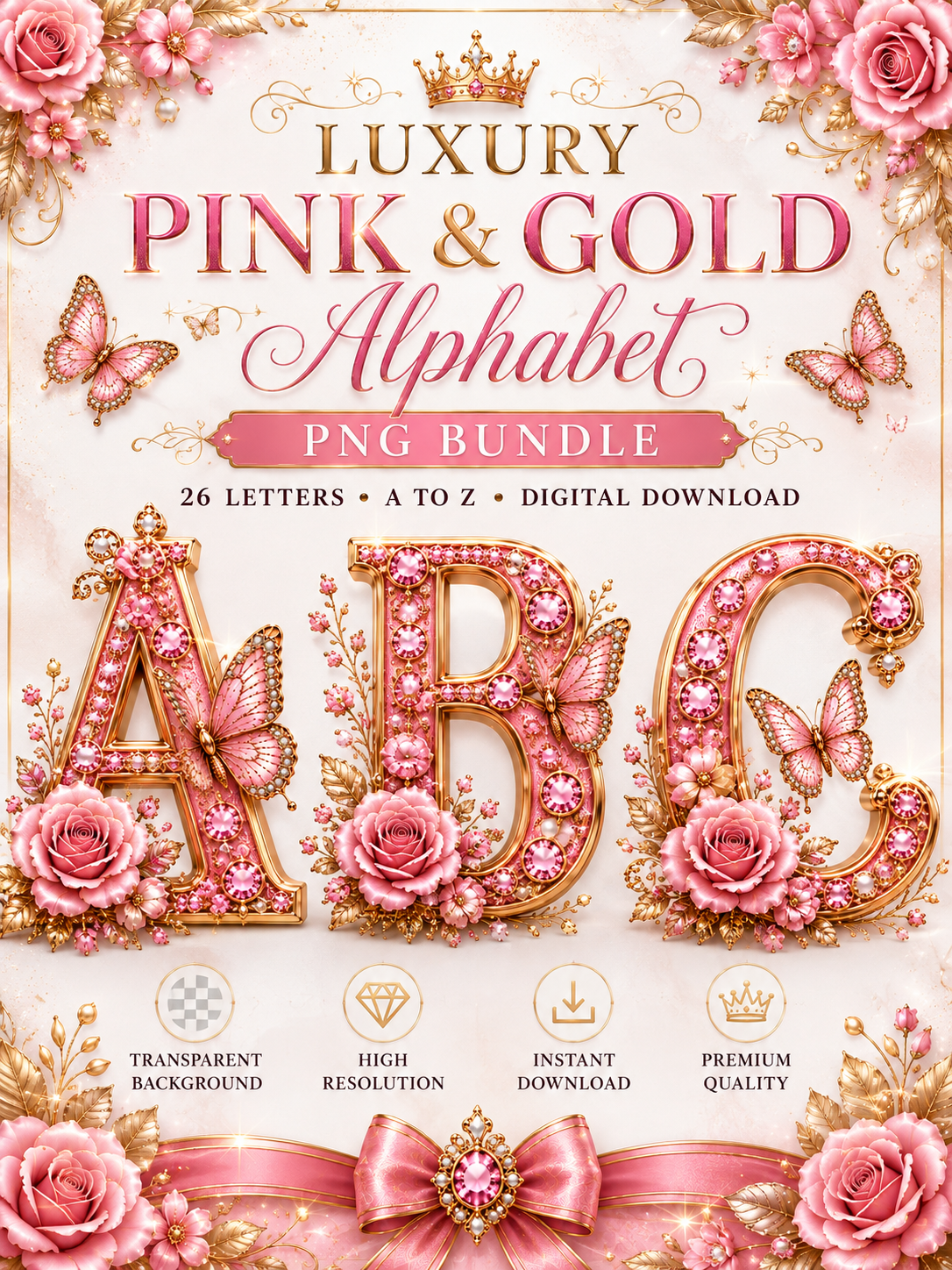 Pink & Gold A–Z Floral Alphabet PNG Bundle