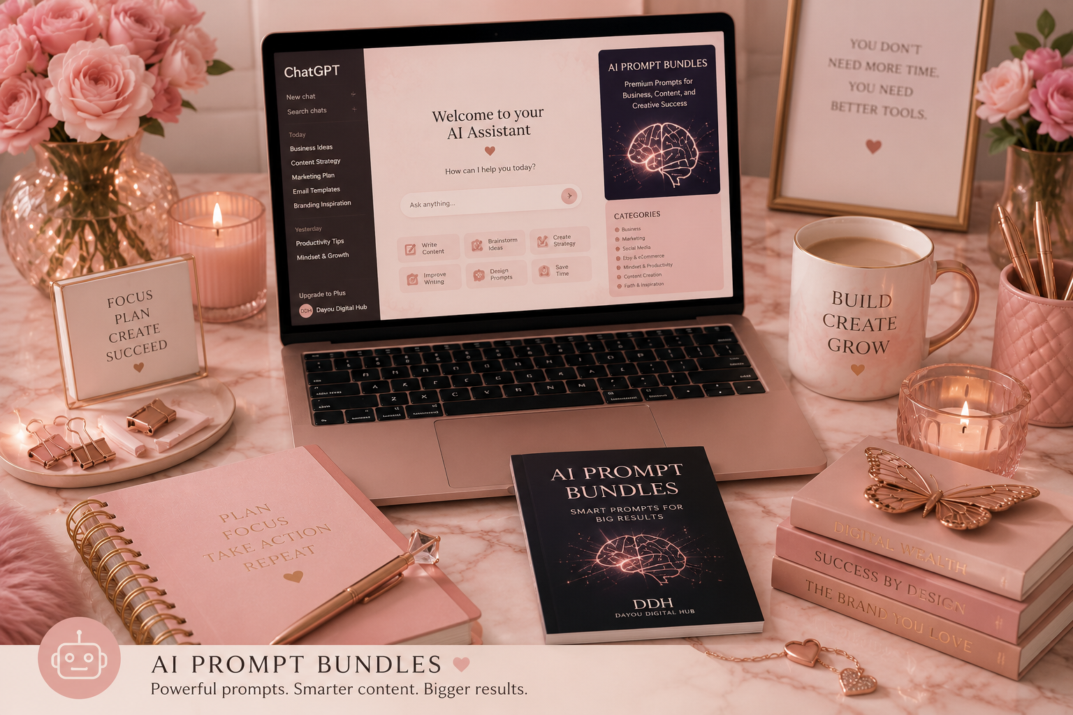 Laptop showing an AI assistant beside an AI prompt bundle, planner, books, pink flowers, and candles.