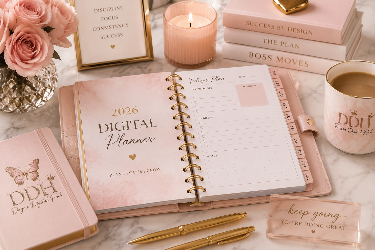 Pink 2026 digital planner desk with daily plan page, notebook, coffee, books, gold pens, and motivational decor.