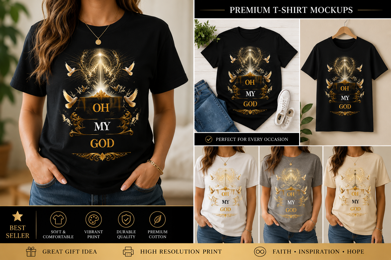 OH MY GOD Christian T-shirt PNG design mockups in black, white, gray and cream with gold faith-inspired artwork