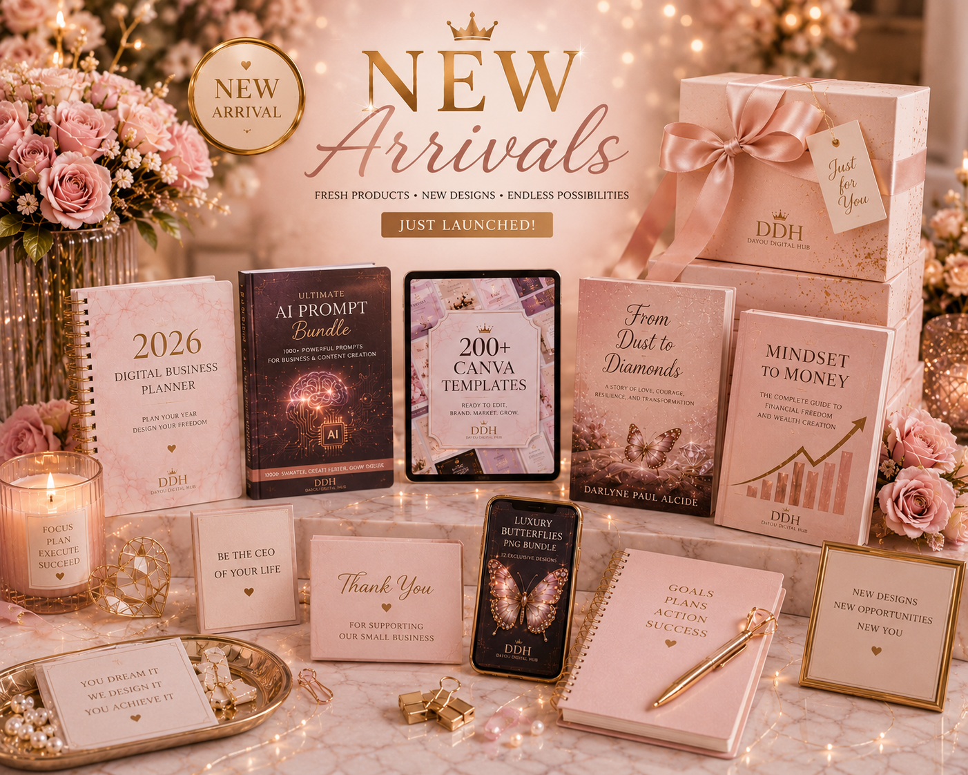 Dayou Digital Hub new product collection with planners, books, templates, flowers, candles, and fairy lights.
