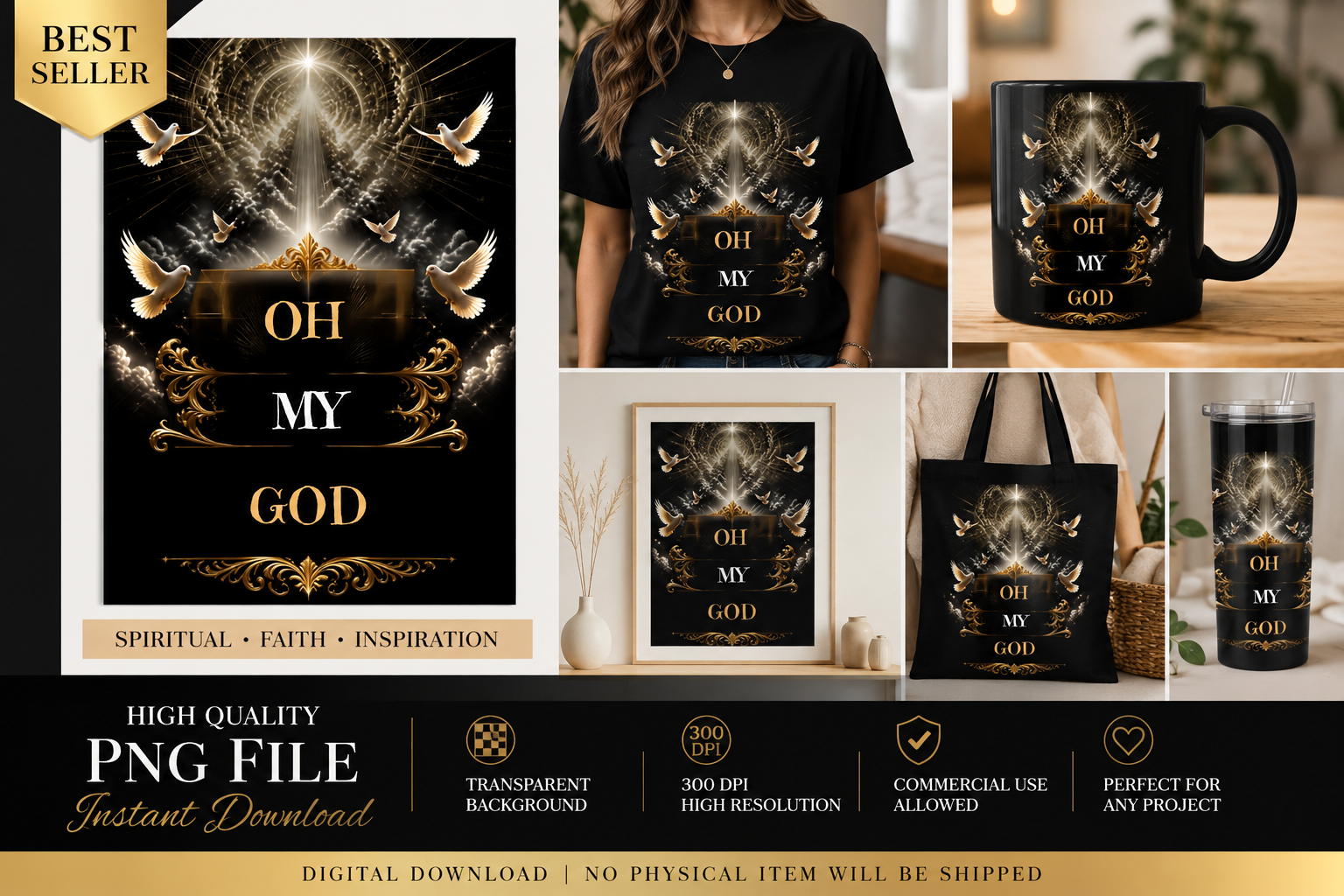 OH MY GOD Christian PNG mockup collection showing faith design on T-shirt, mug, tote bag, tumbler and wall art
