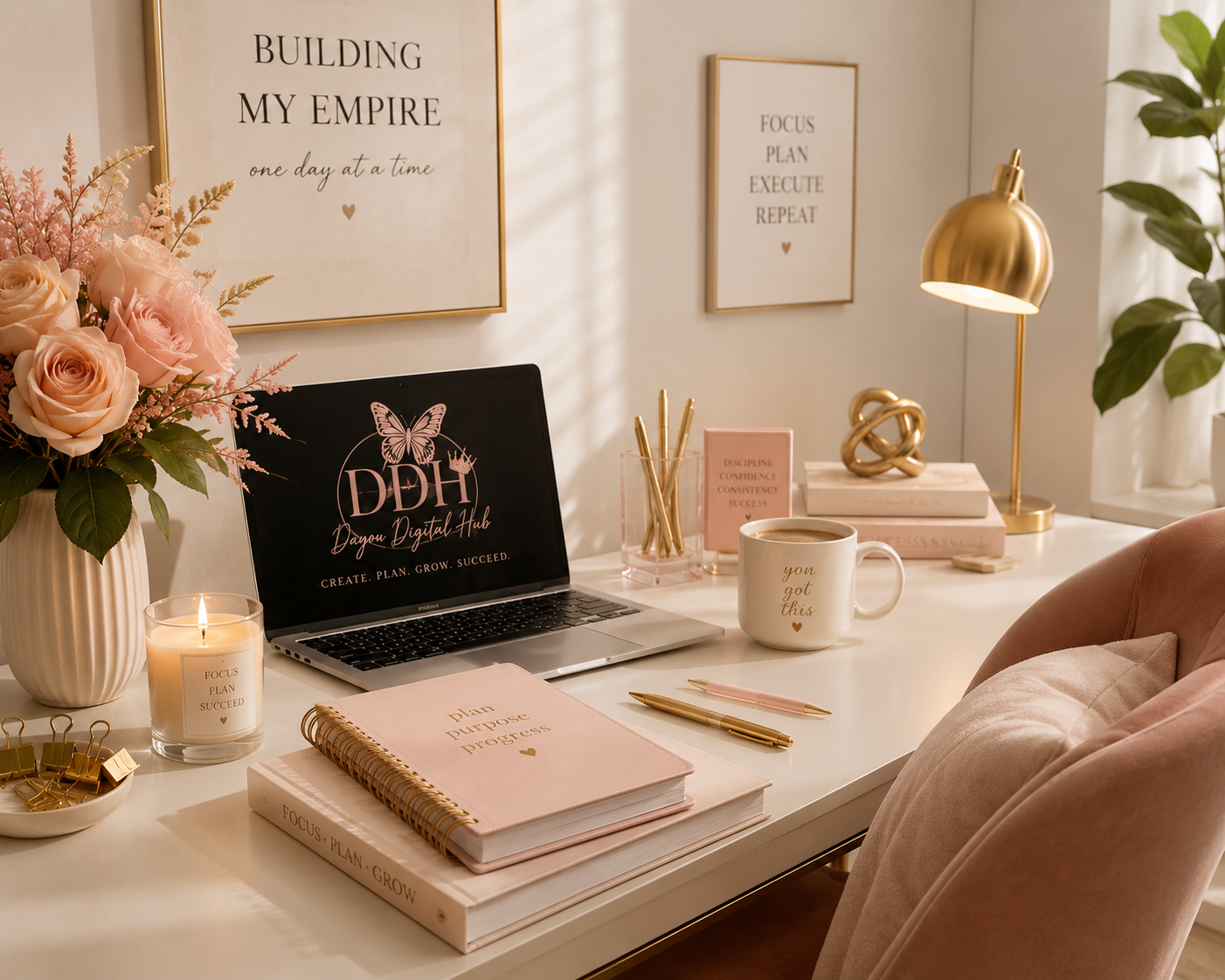 Pink workspace with laptop showing the Dayou Digital Hub logo, roses, candle, planner, and coffee mug.