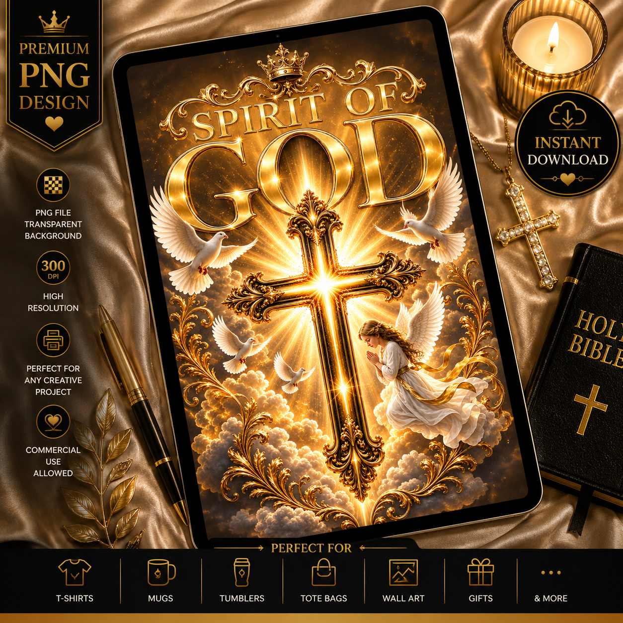 Spirit of God Christian PNG | Gold Cross & Angel Faith Design | Christian Gift