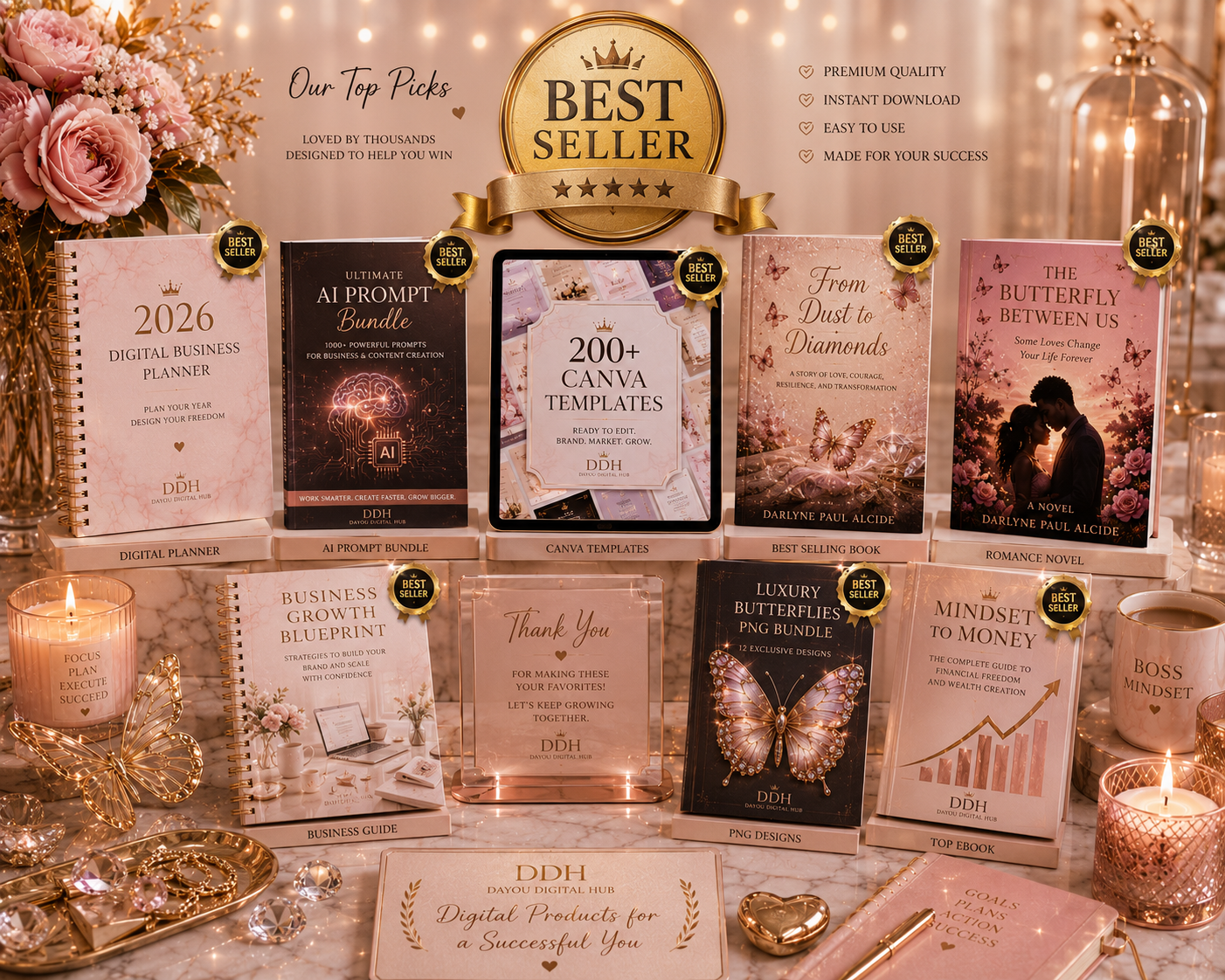 Dayou Digital Hub best-selling books, planners, and templates displayed with gold accents.