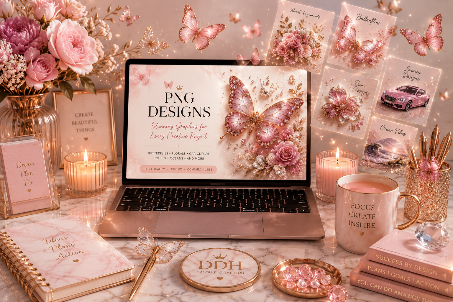Elegant pink-and-gold creative workspace with laptop, flowers, candles, notebooks, mug, and butterfly art.