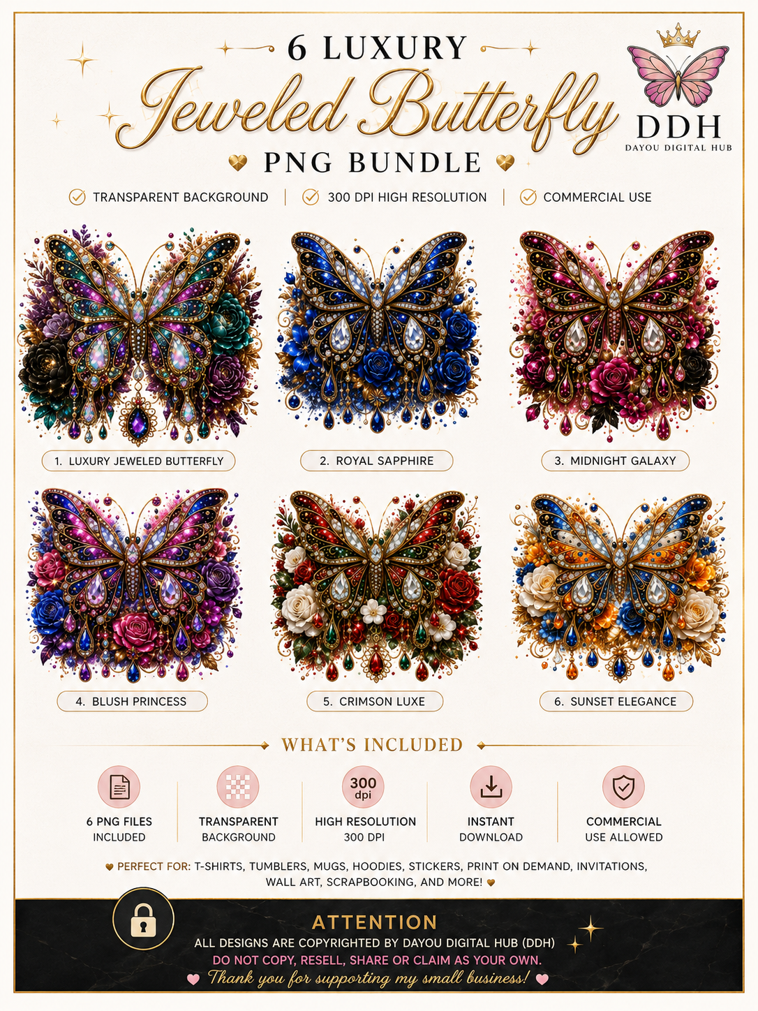 6 Jeweled Butterfly PNG Bundle