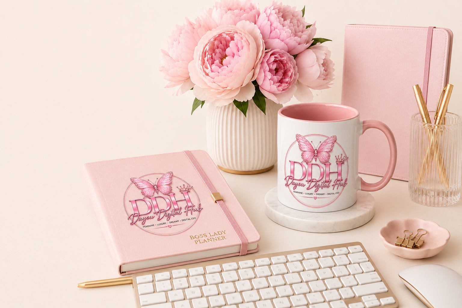 Dayou Digital Hub pink workspace with branded planner, mug, flowers, and office supplies.
