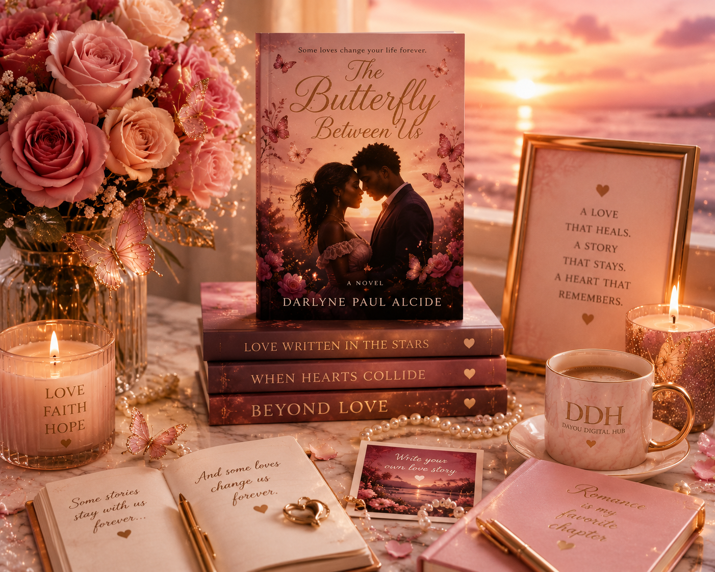 The Butterfly Between Us book by Darlyne Paul Alcide displayed with roses, butterflies, candles, and a sunset.