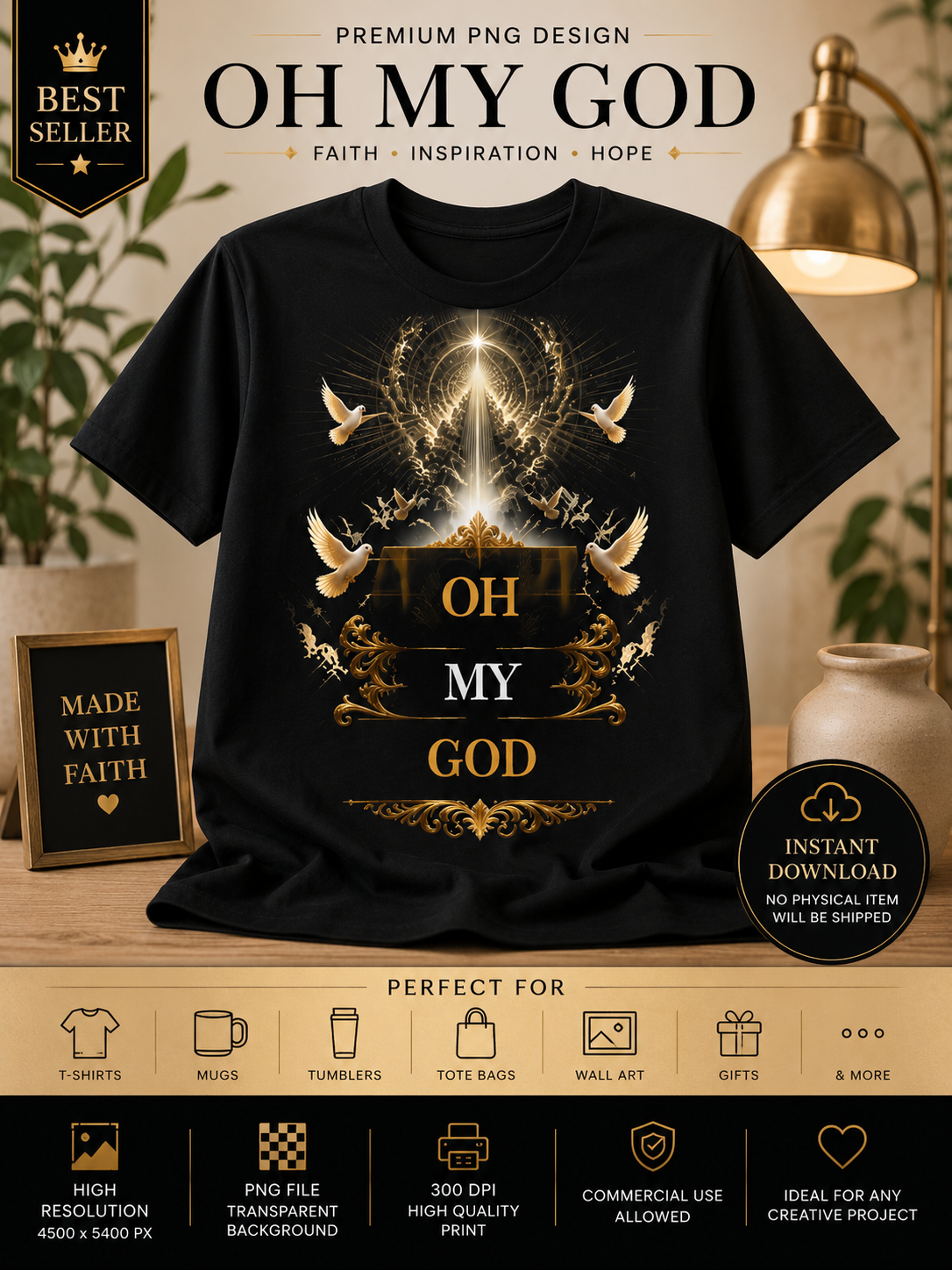Black T-shirt mockup featuring OH MY GOD Christian PNG with gold doves, heavenly light and inspirational faith design