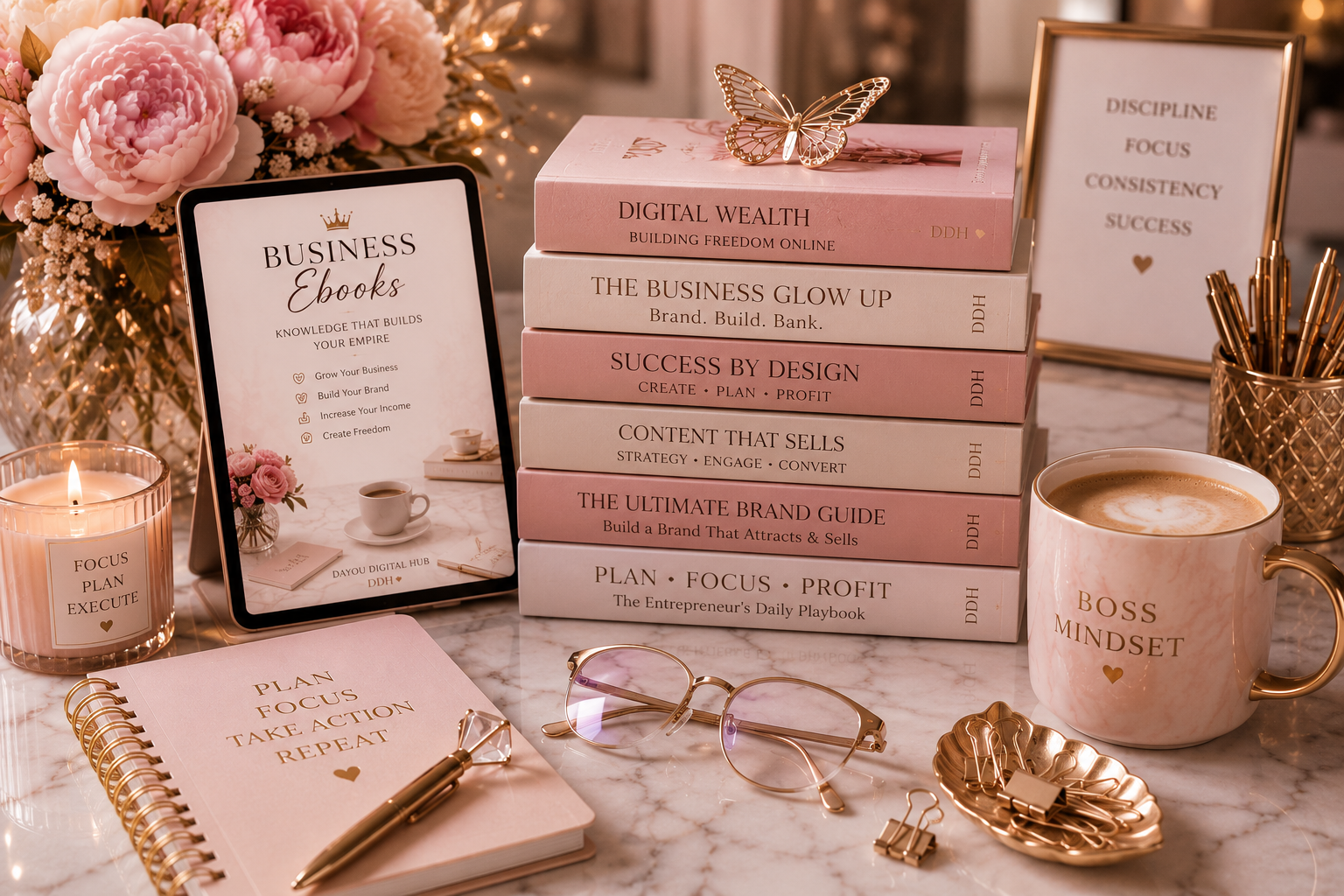 Pink business workspace with digital wealth books, tablet, planner, coffee mug, glasses, and flowers.