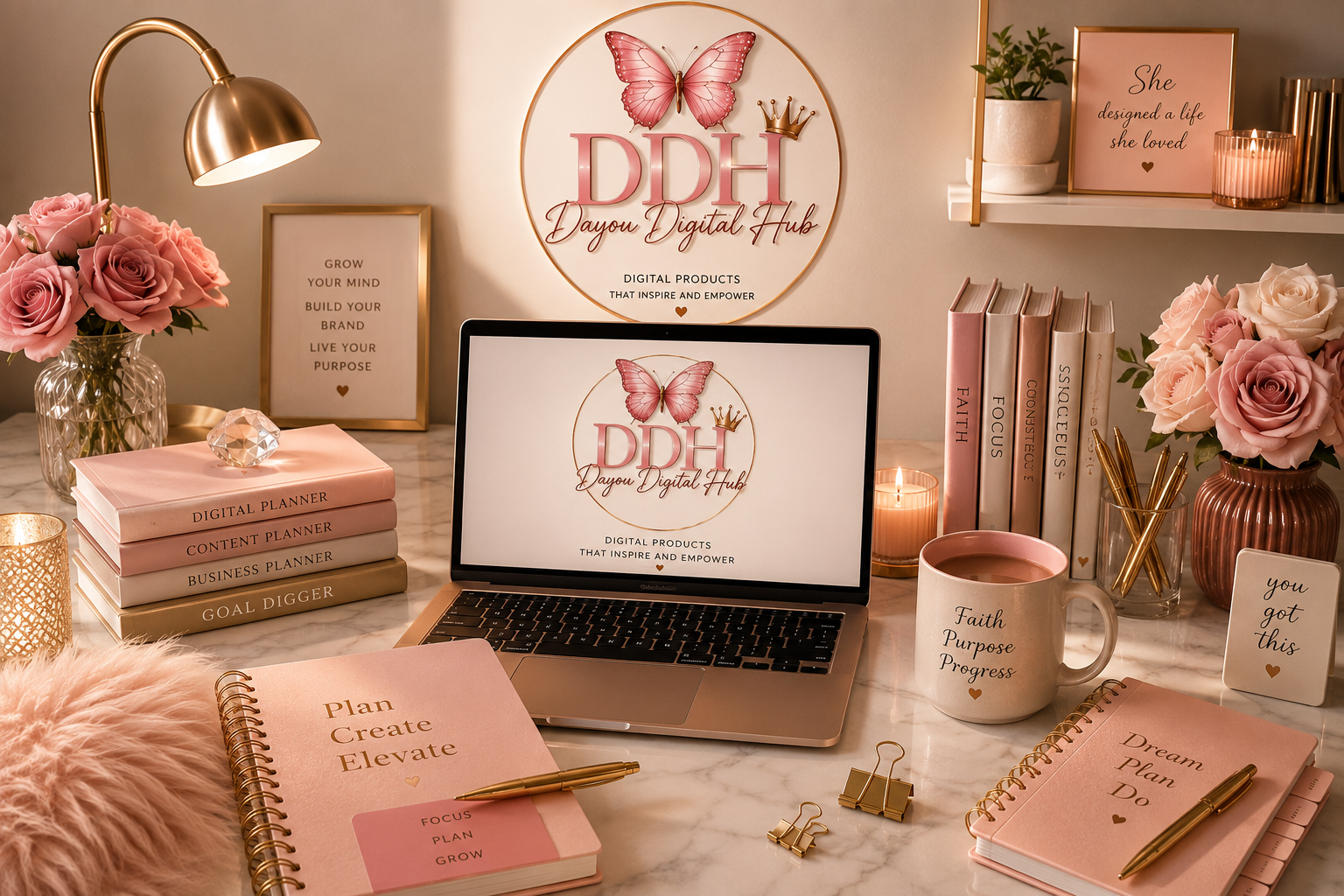 Feminine pink-and-gold desk with laptop, notebooks, books, flowers, candles, mug, and office accessories.