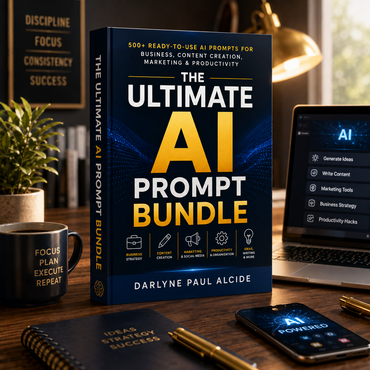 The Ultimate AI Prompt Bundle ebook with AI prompts for ChatGPT, Canva, Midjourney, Gemini, and digital business productivity.