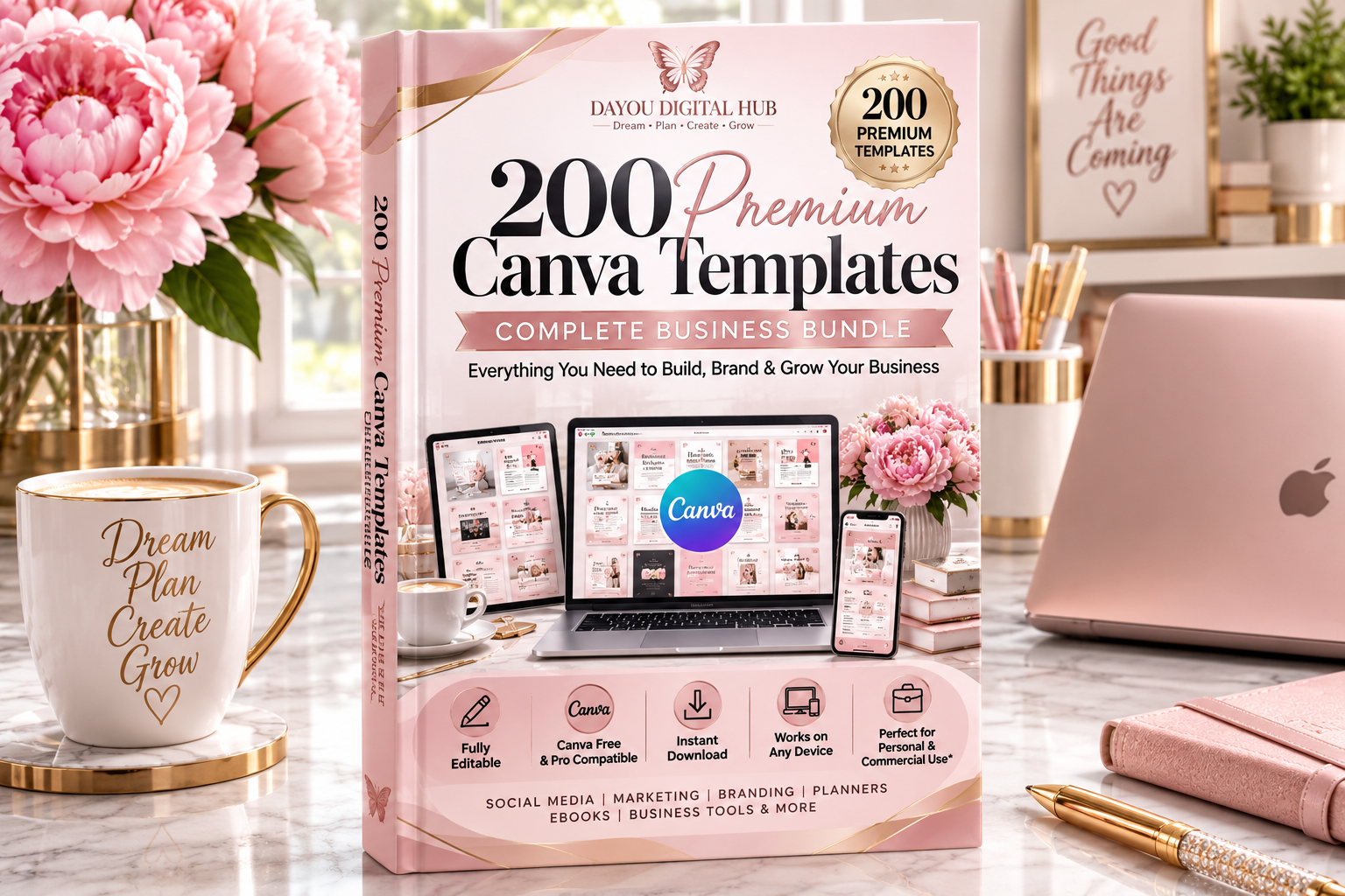 200 Premium Canva Templates Bundle featuring editable social media, business, marketing, and branding templates for entrepreneurs.