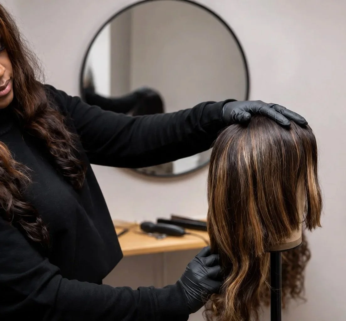 A hairstylist with black gloves working on a mannequin head with long, wavy brown hair in a salon.