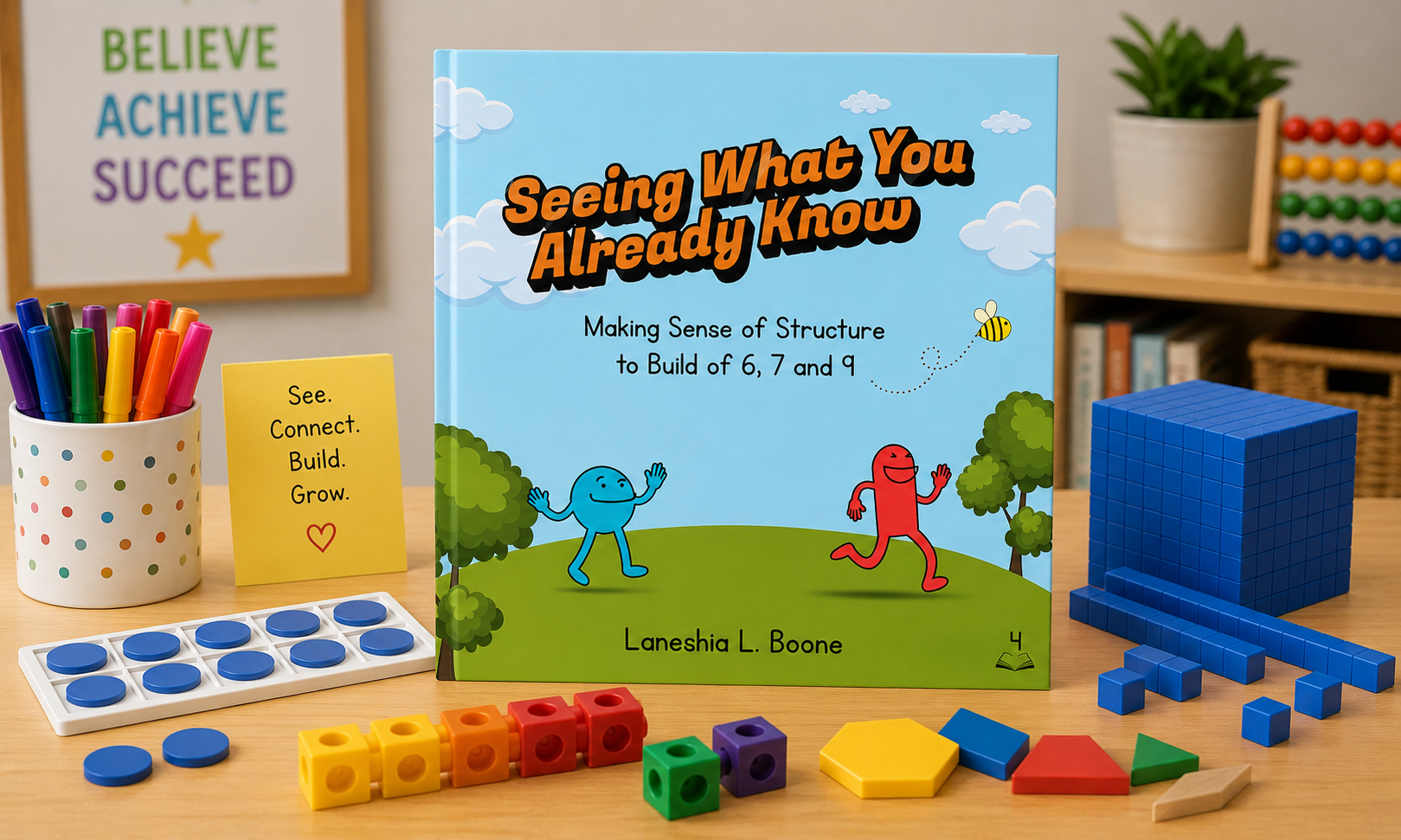 Educational book titled 'Seeing What You Already Know' by Lanesha L. Boone, surrounded by colorful educational toys and materials on a wooden table.
