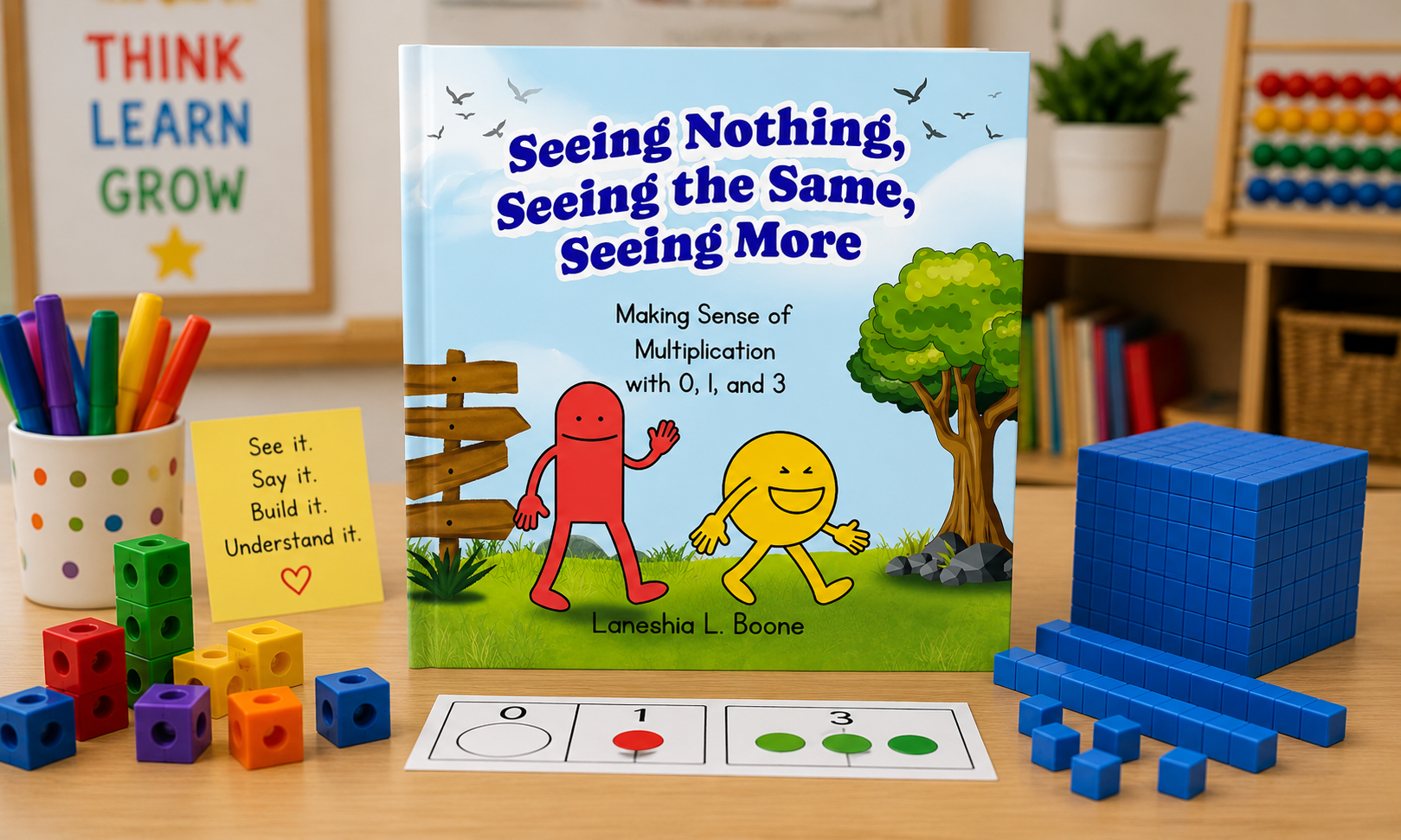 Educational children's book titled "Seeing Nothing, Seeing the Same, Seeing More" by Lanesha L. Boone, surrounded by colorful building blocks, a cup of markers, a yellow sticky note with a motivational message, and a chart showing numbers 0, 1, and 3 with dots.