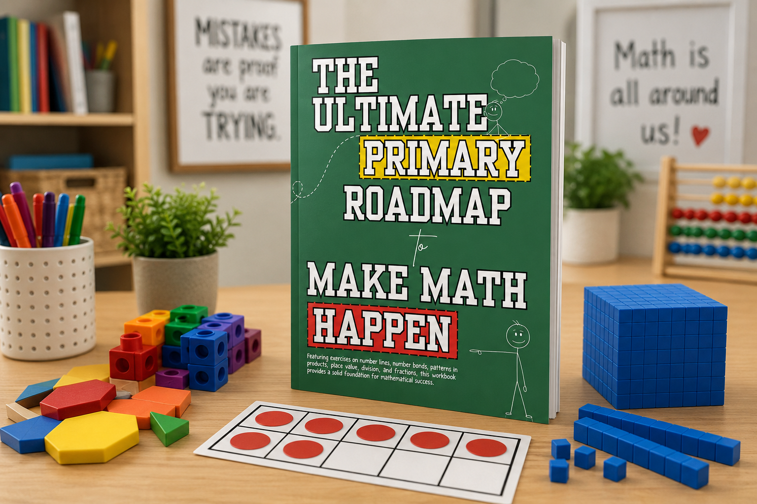 Educational materials including a book titled 'The Ultimate Primary Roadmap to Make Math Happen,' colorful counting blocks, a ten-frame with red counters, and blue geometric shapes on a classroom table.