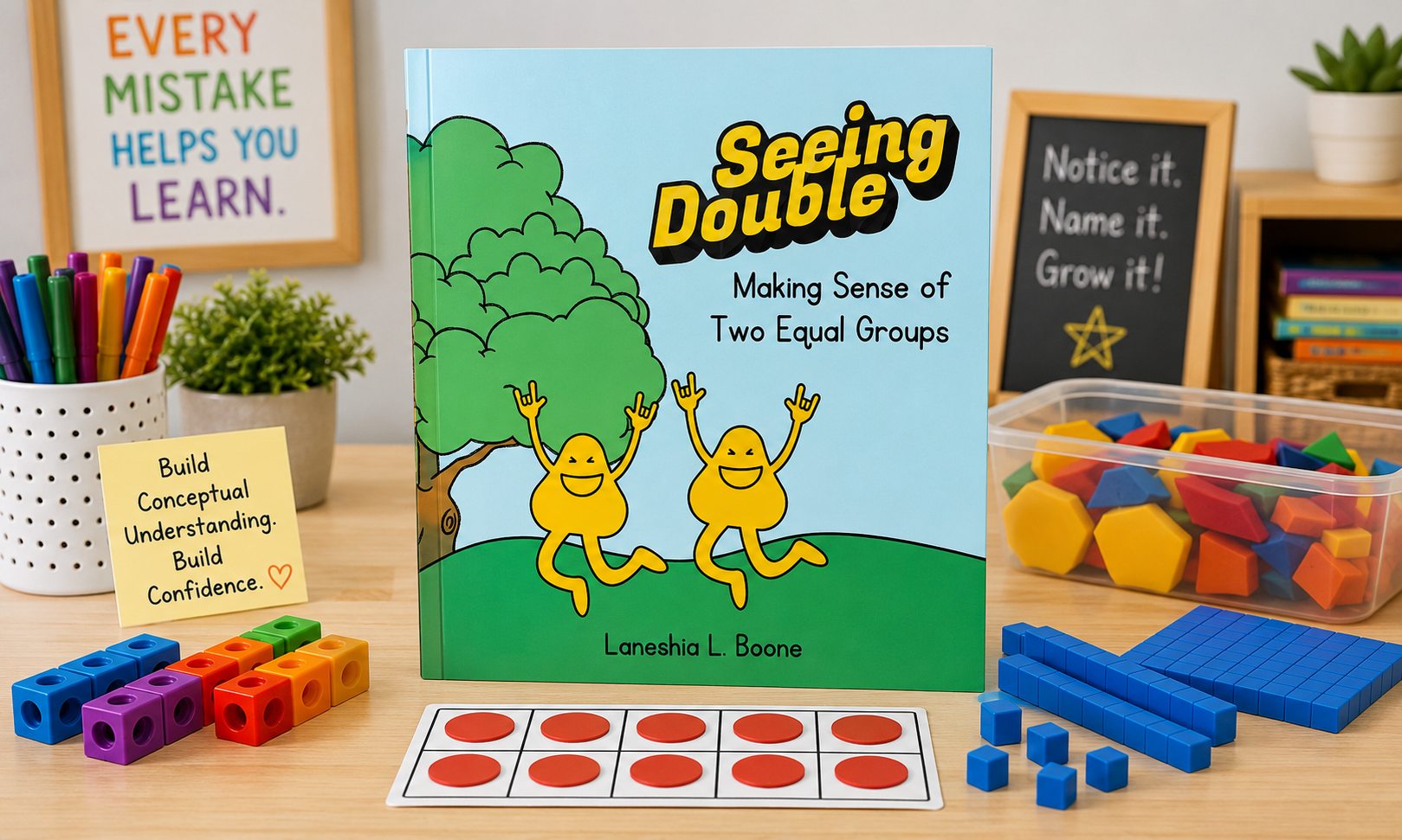 Educational setup featuring a children's book titled 'Seeing Double' by Lanesha L. Boone, with visual aids like colored blocks, game pieces, and a sign emphasizing understanding and confidence, in a learning environment.