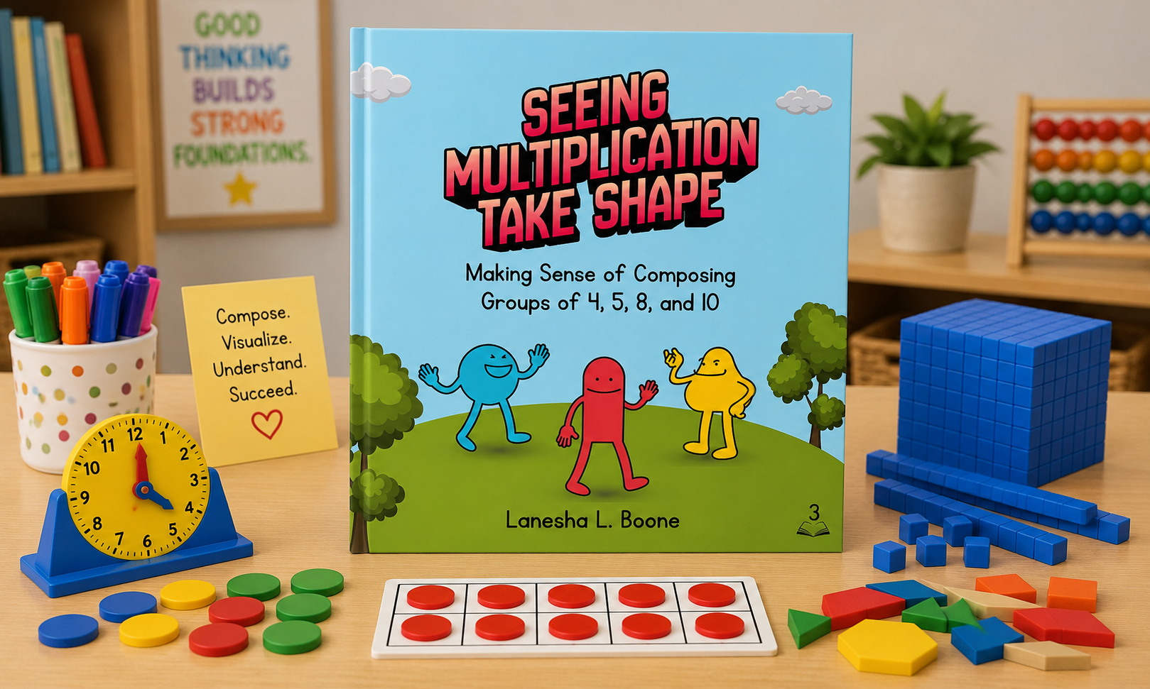Educational children’s book titled "Seeing Multiplication Take Shape" is displayed on a table with various math manipulatives, including colored counters, a clock, a grid of red counters, and a note with motivational words. Background shows a classroom with an abacus, potted plant, and a poster with positive affirmations.