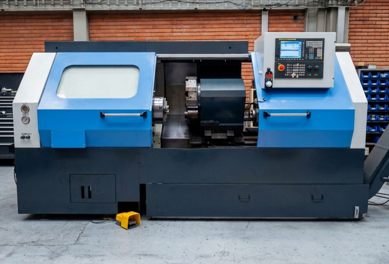 Imagen de una máquina CNC en un taller con fondo de pared de ladrillos.