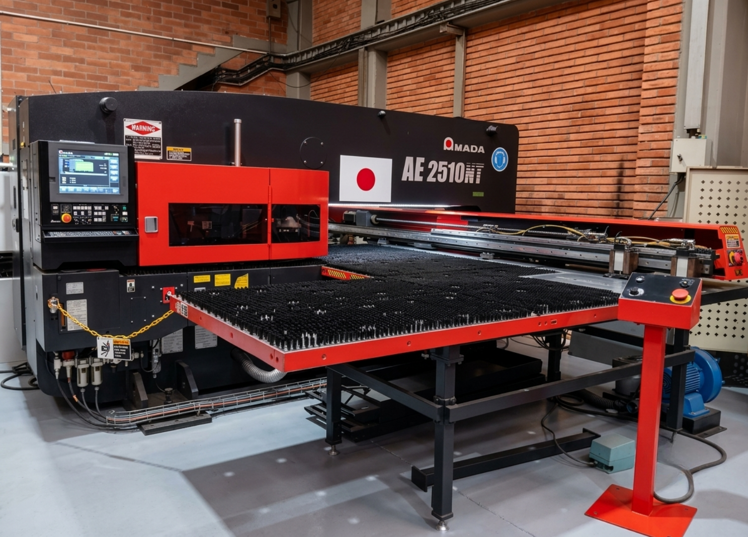 Máquina de fabricación automatizada de alta tecnología con pantalla digital, diseñada para cortar o procesar materiales, ubicada en un entorno industrial con paredes de ladrillo.