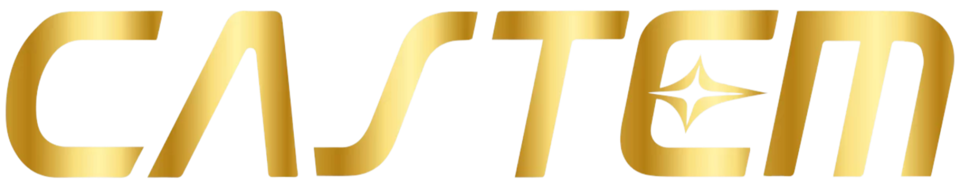 Logo dorado de la marca Cadillac con letras grandes y un símbolo en forma de cruz en el centro.