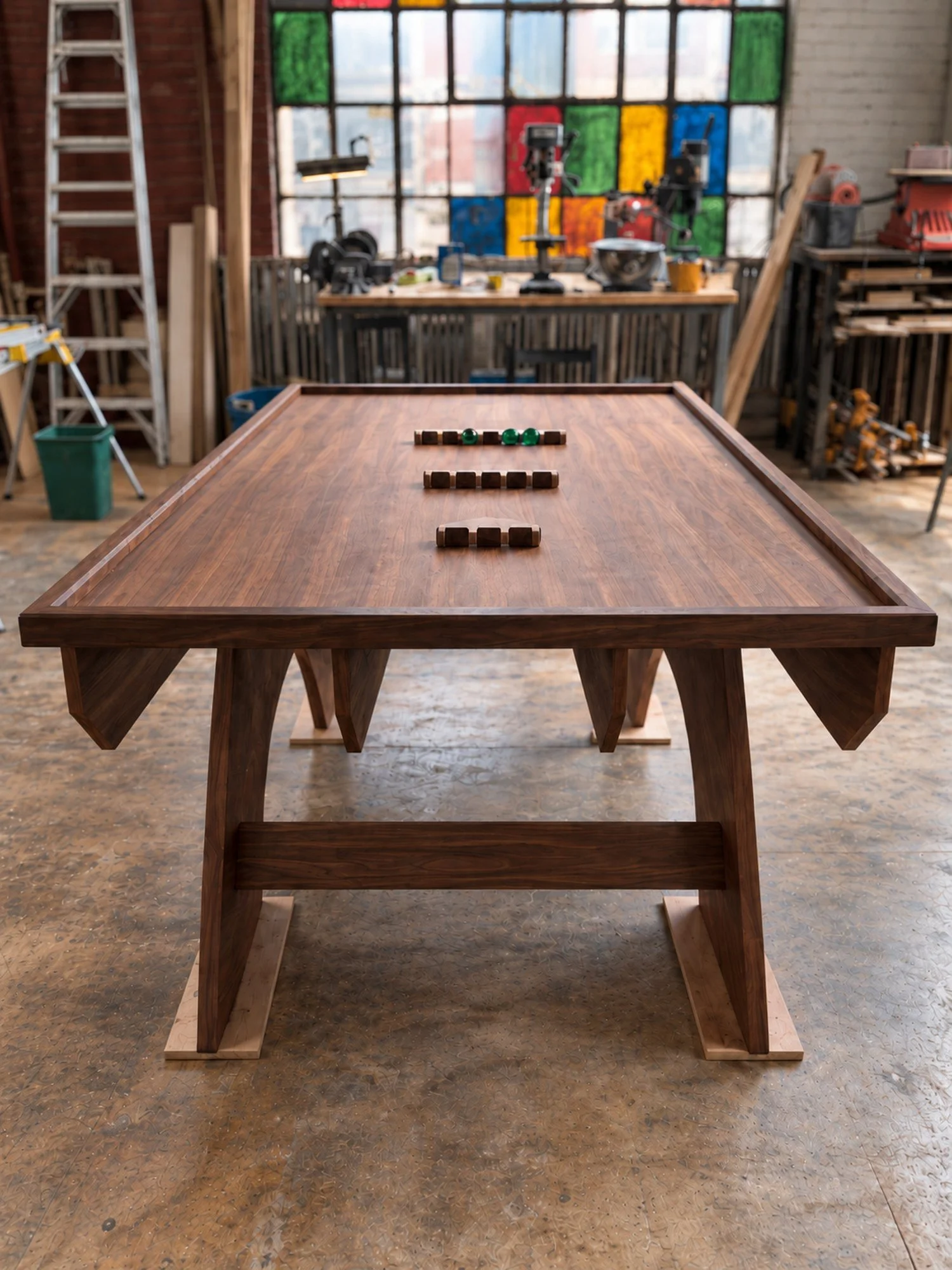 A Vortex468 table in the workshop, in front of a colorful stained-glass window.