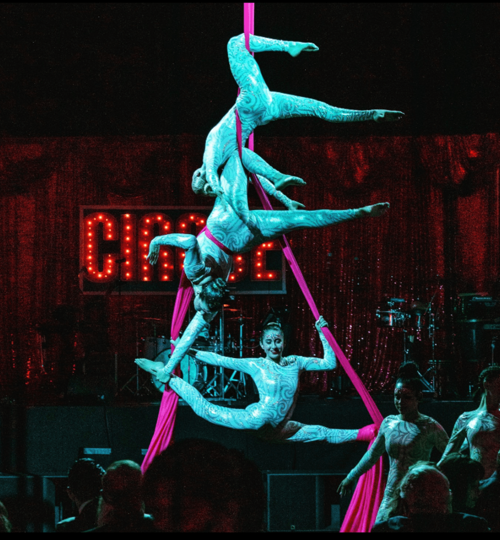 Aerial silk performers in patterned costumes perform a synchronized act on pink silks on stage with a red curtain and a band setup in the background.