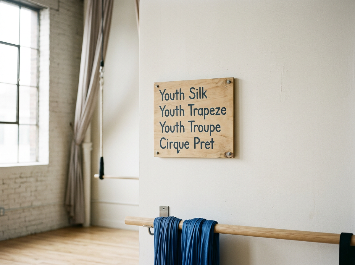 Aerial studio with a wooden barre draped with blue aerial silk, a window with curtains, and a wooden sign listing circus classes