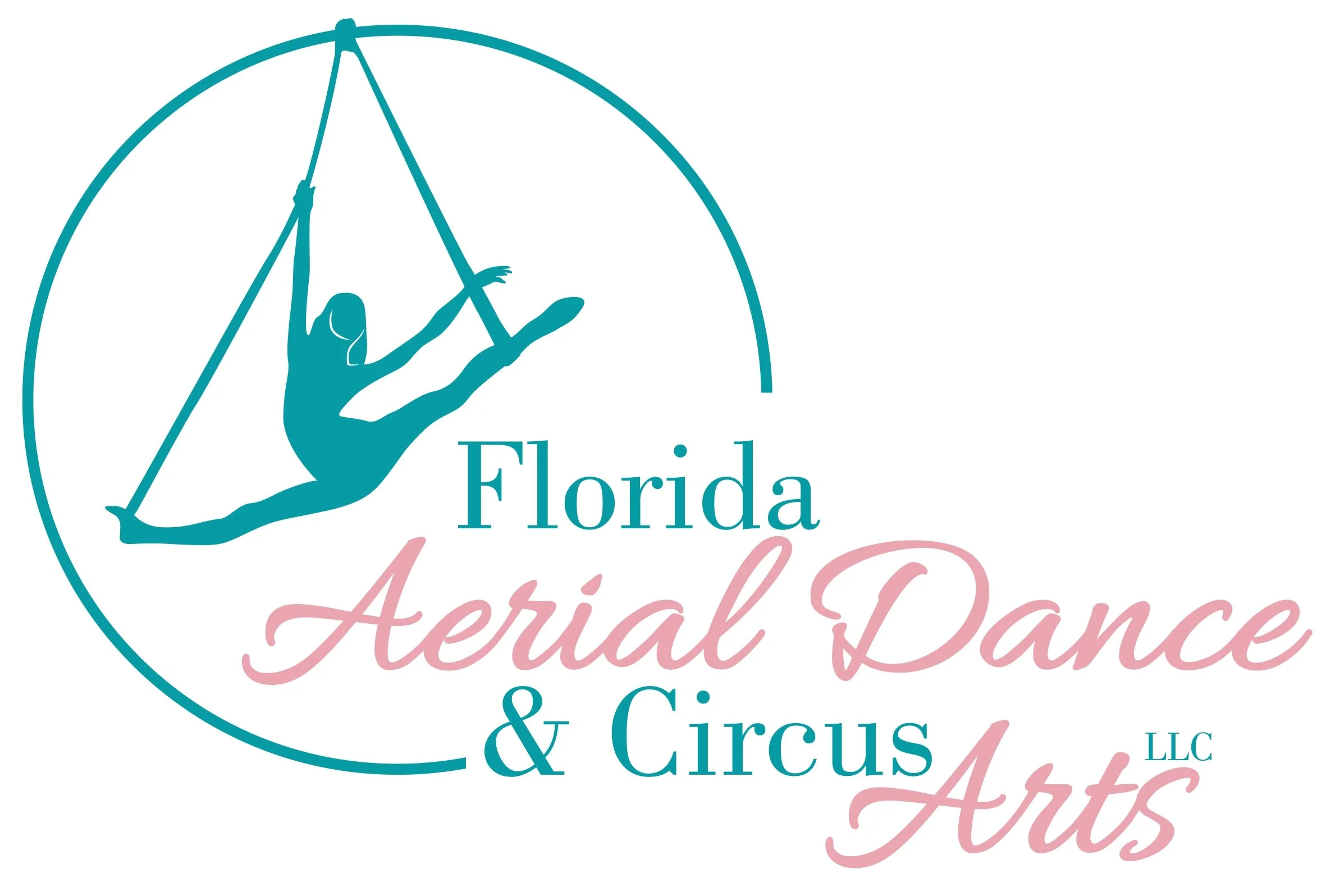 Logo for Florida Aerial & Dance LLC featuring a silhouette of a dancer in a swing, surrounded by a circle, with elegant script text.