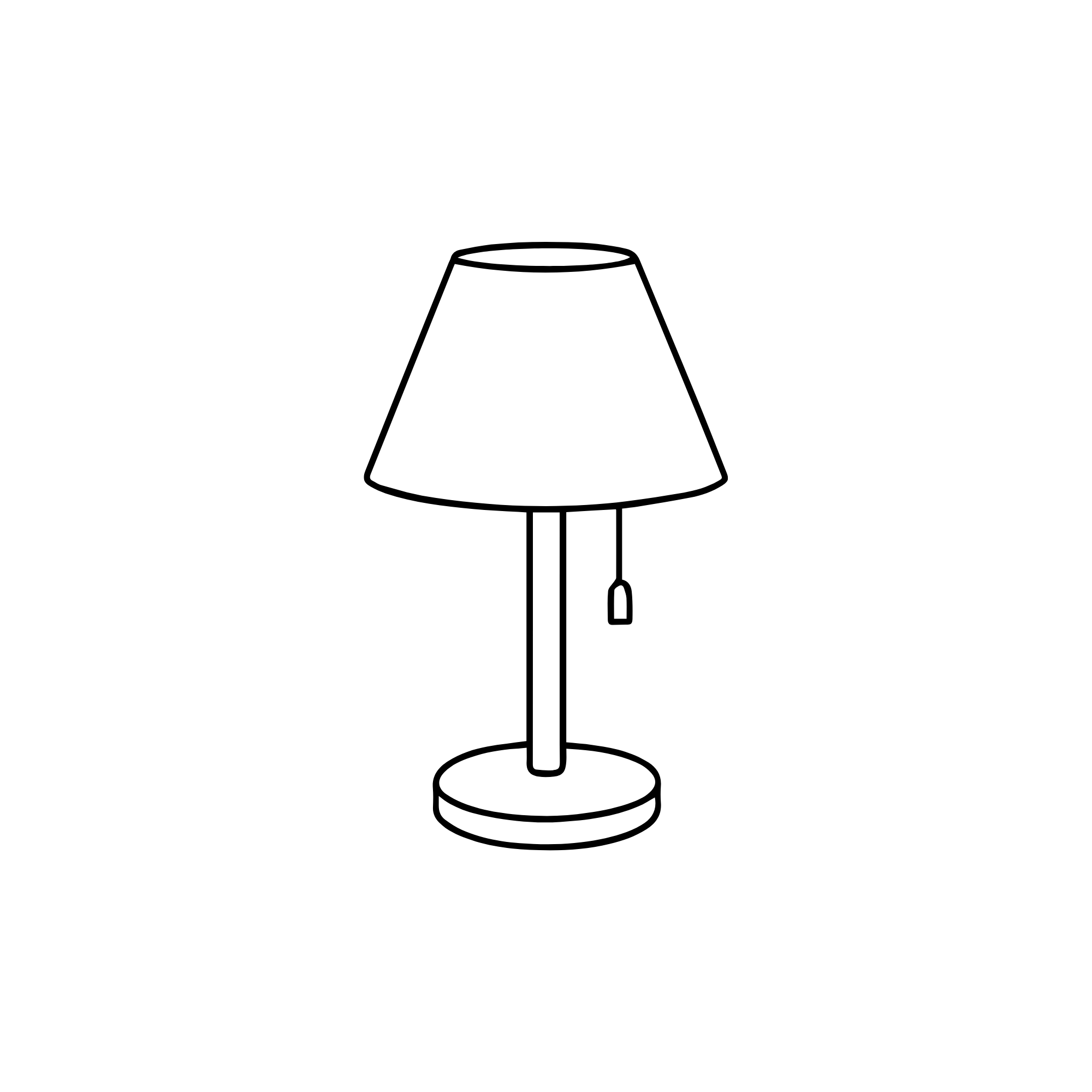 Line drawing of a table lamp with a shade and a cord.