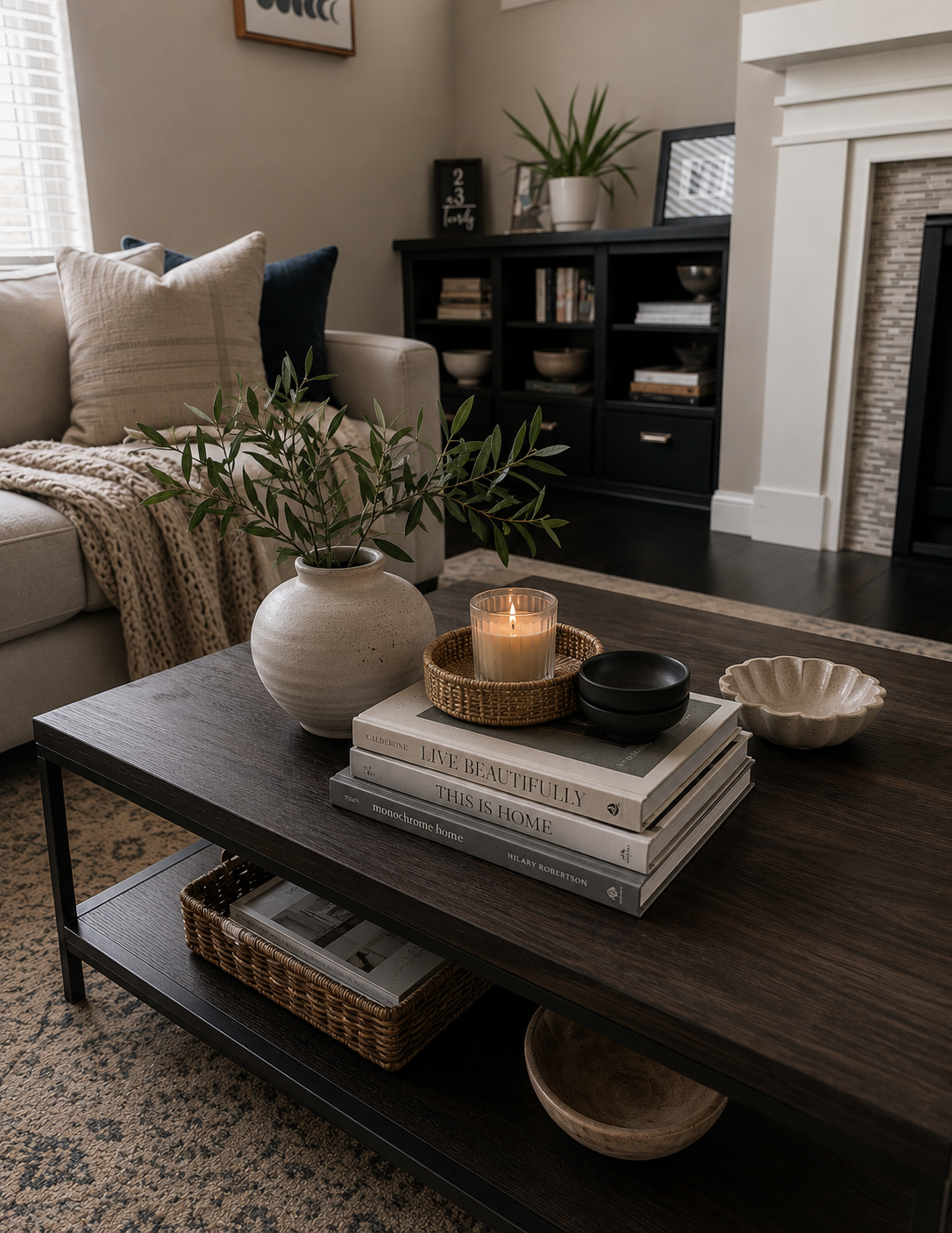 Living room with a dark wooden coffee table holding a potted plant, a lit candle, and books, with a beige sofa and cushions, a black sideboard with decorative items, and a fireplace in the background.
