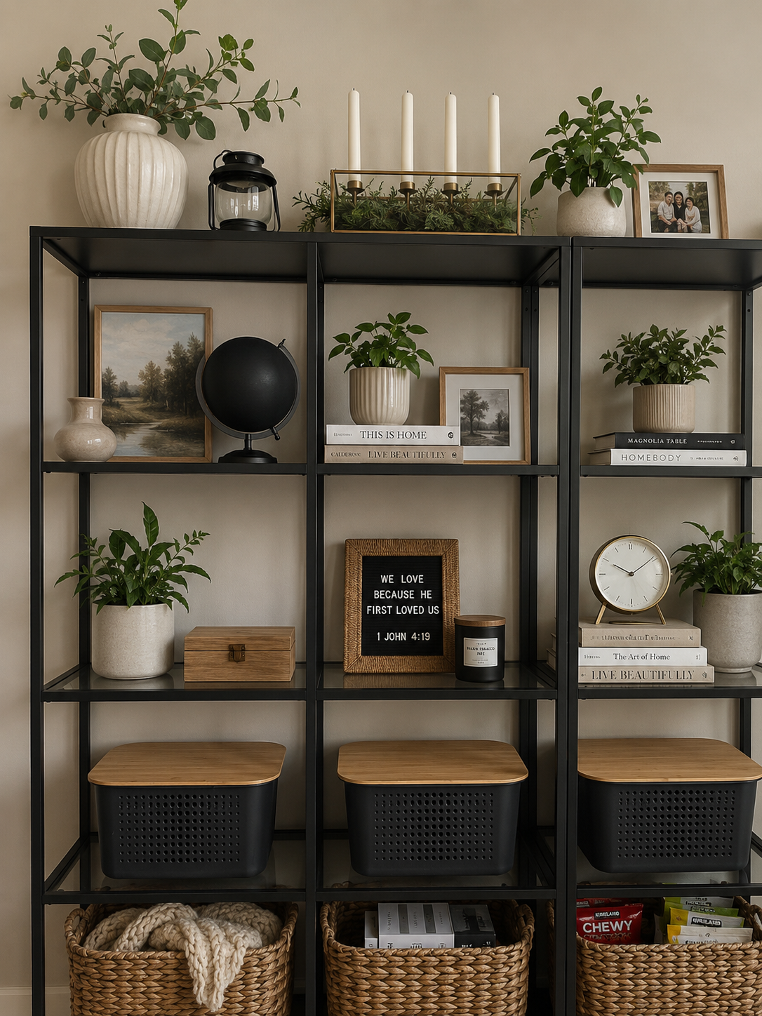 Decorative black metal shelving unit with wooden and woven baskets, plants, framed art, books, clock, and candles on beige wall.