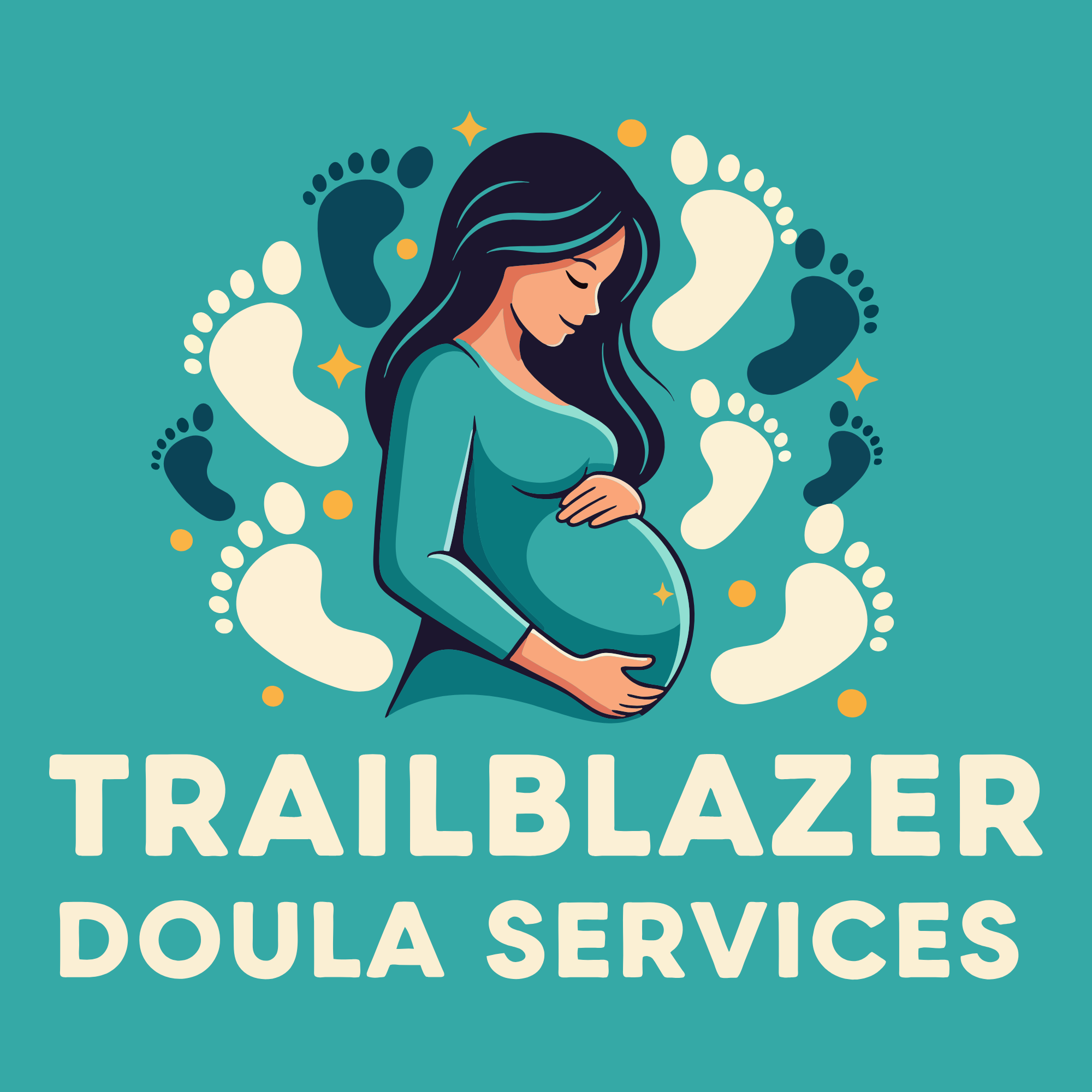 Illustration of a pregnant woman with dark hair and a teal dress, surrounded by paw prints and stars, promoting a pet transportation and rescue service.