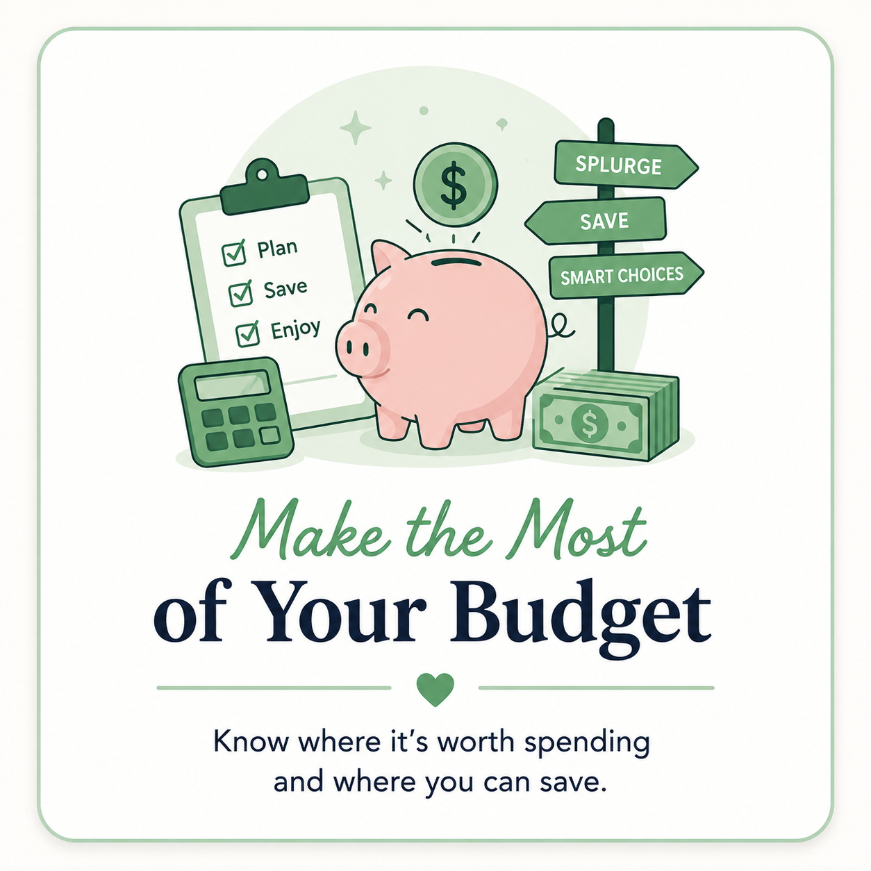 A pink piggy bank surrounded by a calculator, a clipboard with a checklist of plans to 'Plan,' 'Save,' and 'Enjoy,' a dollar coin, a signpost with directions labeled 'Splurge,' 'Save,' and 'Smart Choices,' and a stack of cash. The text reads, 'Make the Most of Your Budget' and 'Know where it's worth spending and where you can save.'