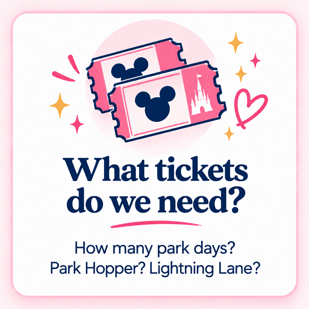 Pink tickets with Mickey Mouse and castle silhouettes, surrounded by stars and a heart, with text asking about needed park tickets, including park hopper and lightning lane options.