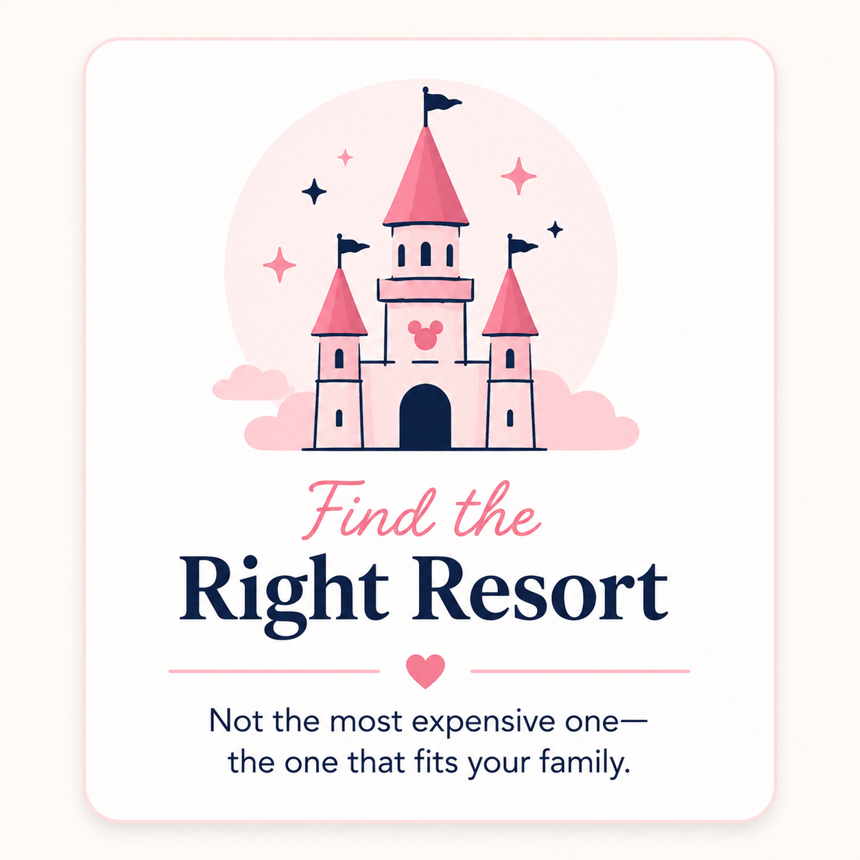 A pink and white illustrated poster featuring a castle with three towers and flags, surrounded by stars and clouds. The text reads, "Find the Right Resort. Not the most expensive one—the one that fits your family."