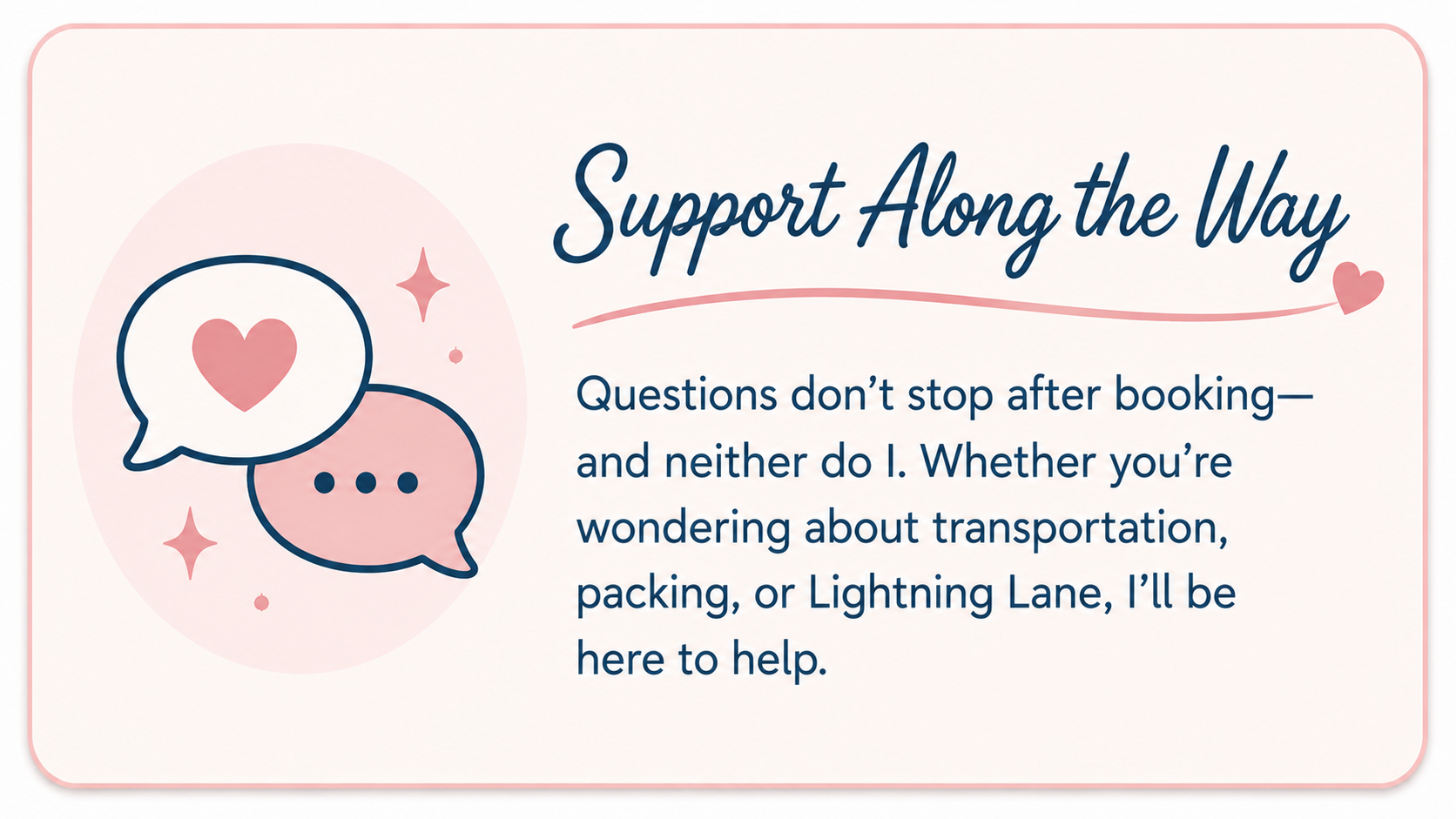 A pink and white informational card with a speech bubble illustration containing a heart and sparkles. The card has the heading 'Support Along the Way' and text about being available for questions regarding transportation, packing, or Lightning Lane.