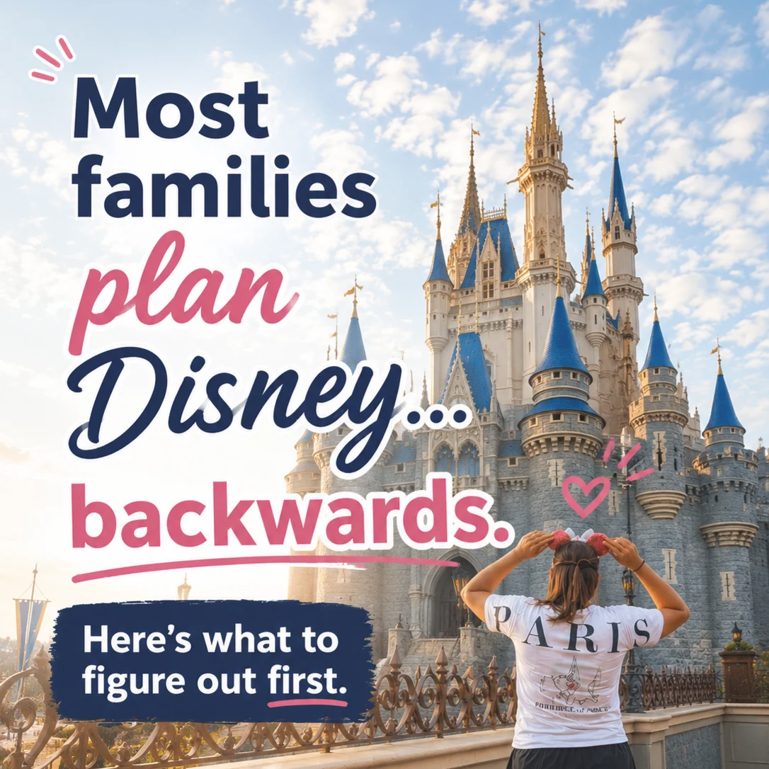 Kim Norton standing with their back to the camera facing Cinderella's Castle at Disney, holding their head with both hands, with a pink heart doodle floating above their head. The image includes colorful text overlay about family planning at Disney.