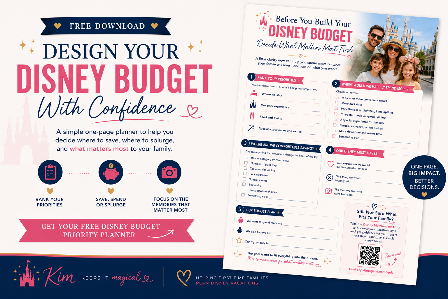 Mockup of the free Disney Budget Priority Planner printable download for first-time Disney World families.