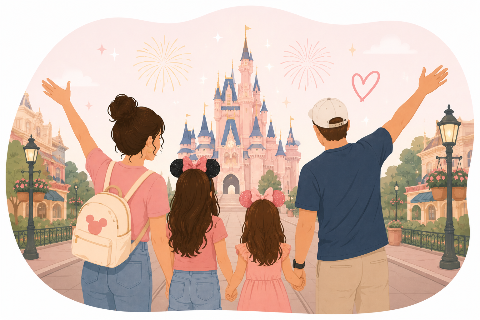 A family of four, including two young girls wearing Minnie Mouse ears, stands hand in hand in front of Cinderella's Castle at Disneyland. The mother and father wave and enjoy the view with the children, with fireworks and a pink sky in the background.
