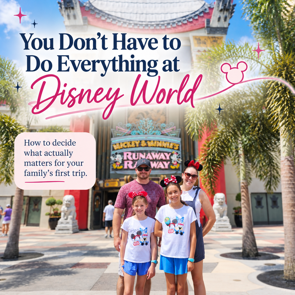 Kim Norton and family standing in front of Disney's Mickey and Minnie Mouse Runaway Railway attraction, smiling and wearing Disney-themed apparel and Minnie Mouse ears at Disney World.