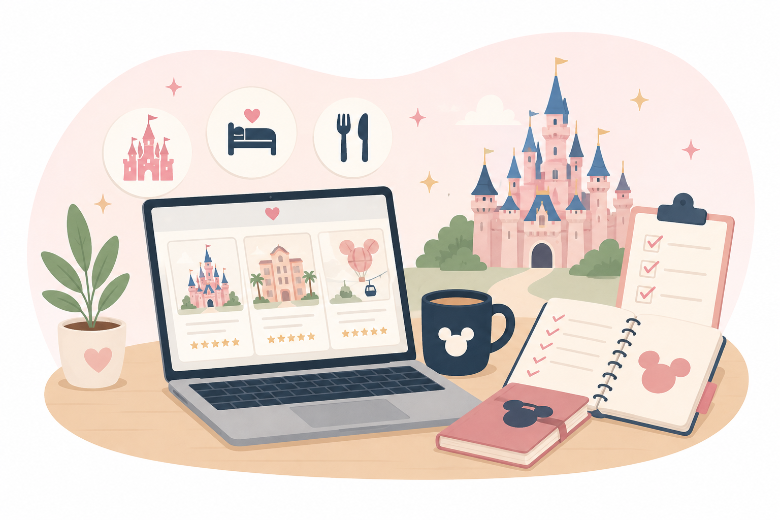 A workspace with a Disney theme featuring a laptop displaying Disney castle merchandise, a Disney castle illustration in the background, a mouse-themed coffee mug, an open notebook with a Disney logo, a clipboard with a checklist, and decorative elements like a potted plant and star-shaped sparkles.