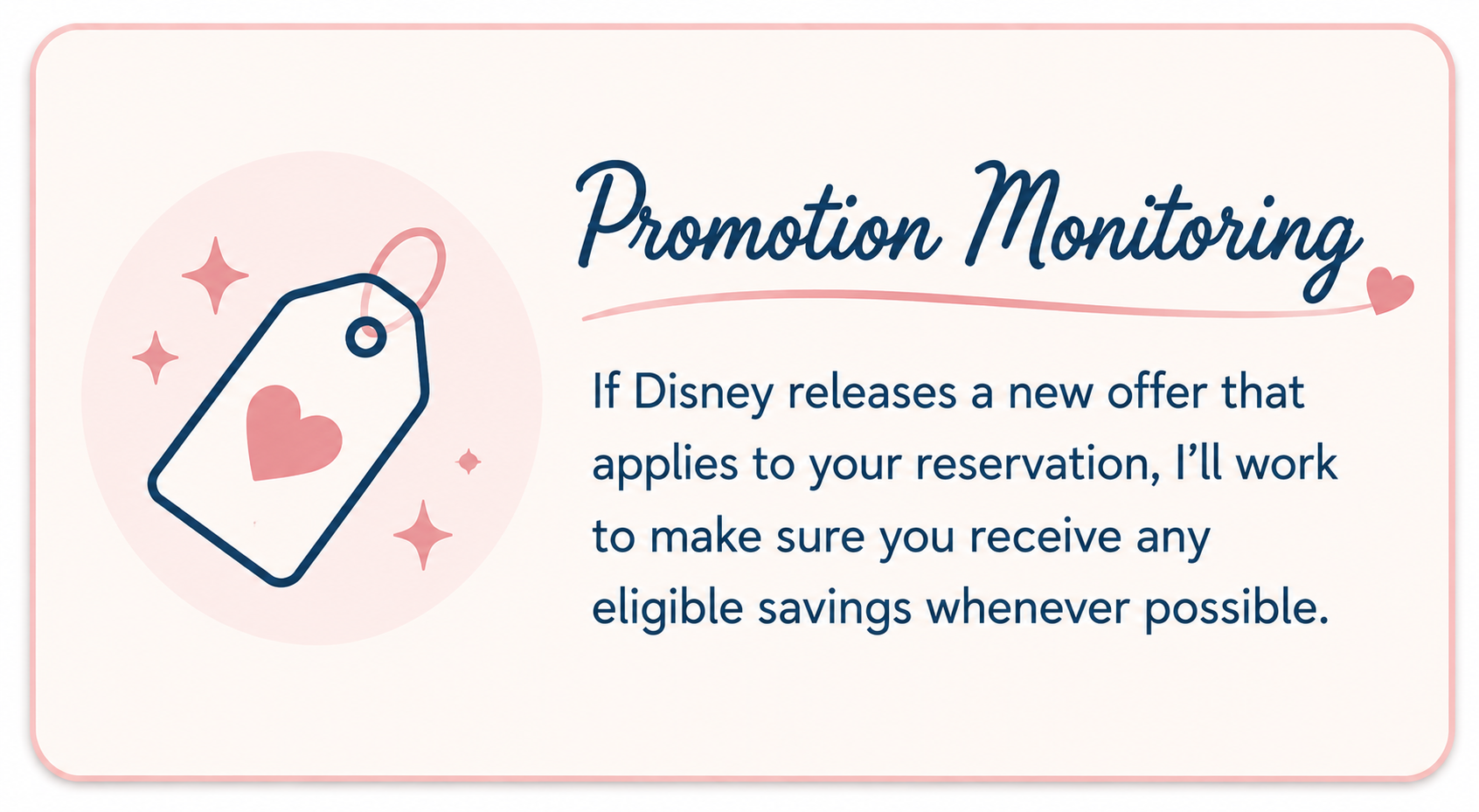 Promotion monitoring notice from Disney, featuring a pink heart on a price tag illustration, with pink stars and sparkles on a light background.