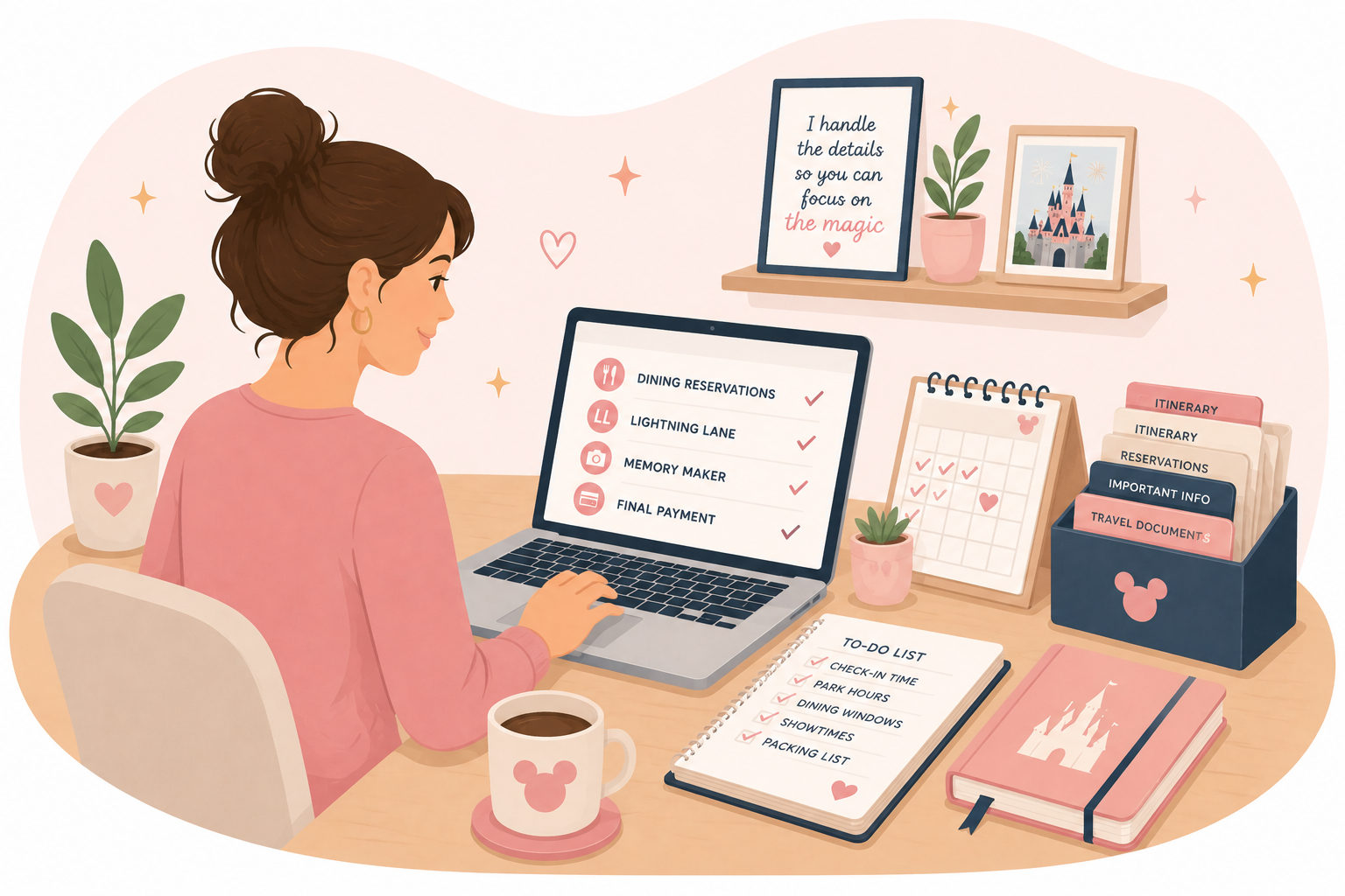 A woman sits at a desk with a laptop, a notebook, and a to-do list. The laptop screen shows checkmarks next to various travel planning items. The desk has potted plants, a framed picture of a castle, and a sign with a quote. There are also folders labeled "Itinerary," "Reservations," "Important Info," and "Travel Documents." Cups of coffee with Mickey Mouse designs are on the desk.
